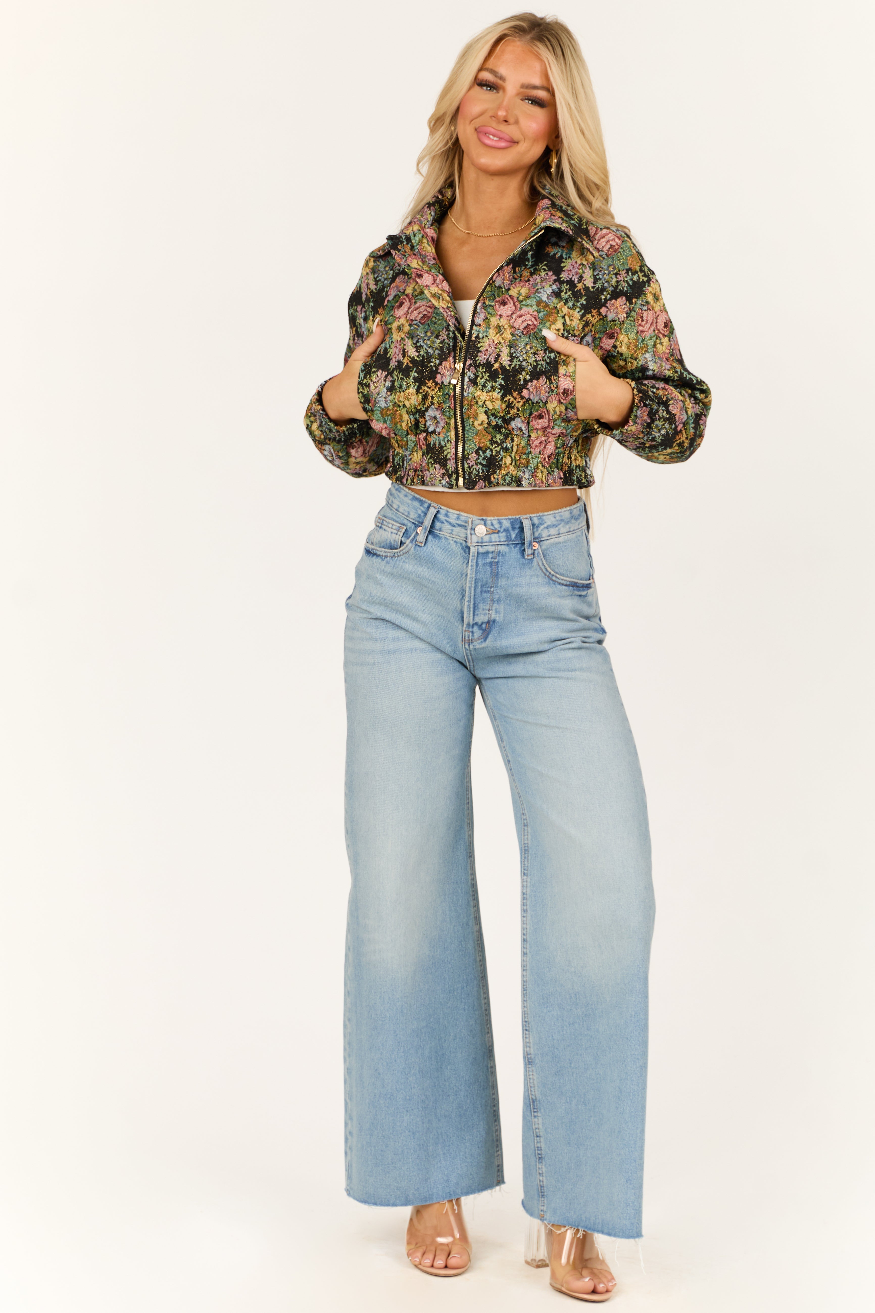Women's Black Floral Metallic Cropped Bomber Jacket