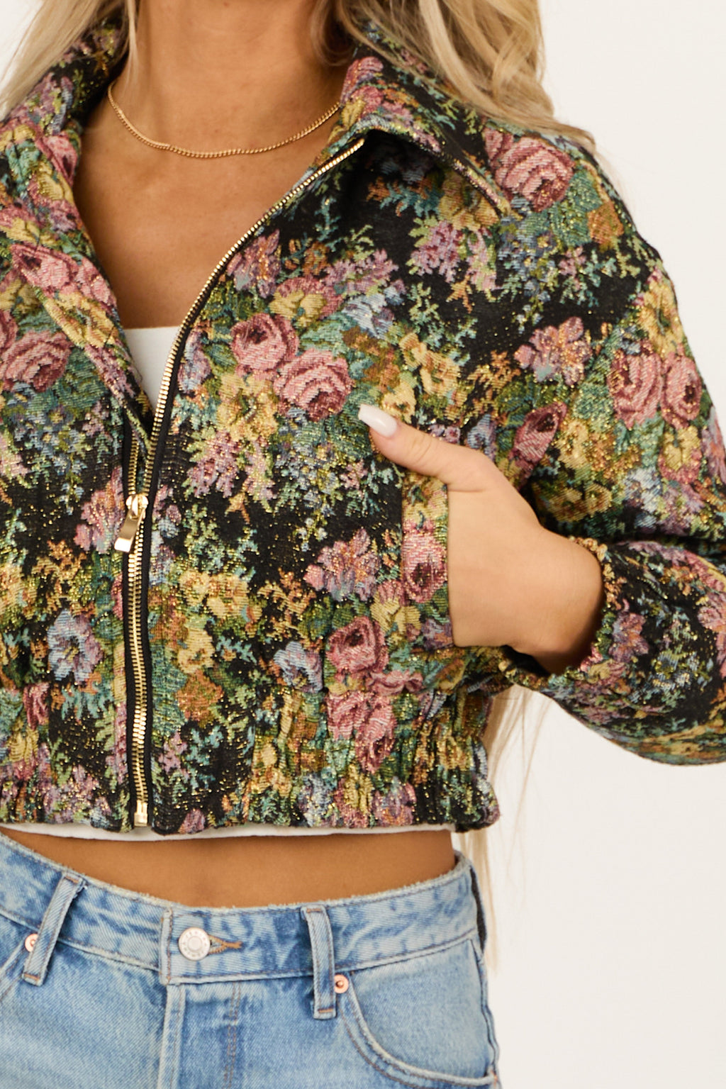 Women's Black Floral Metallic Cropped Bomber Jacket