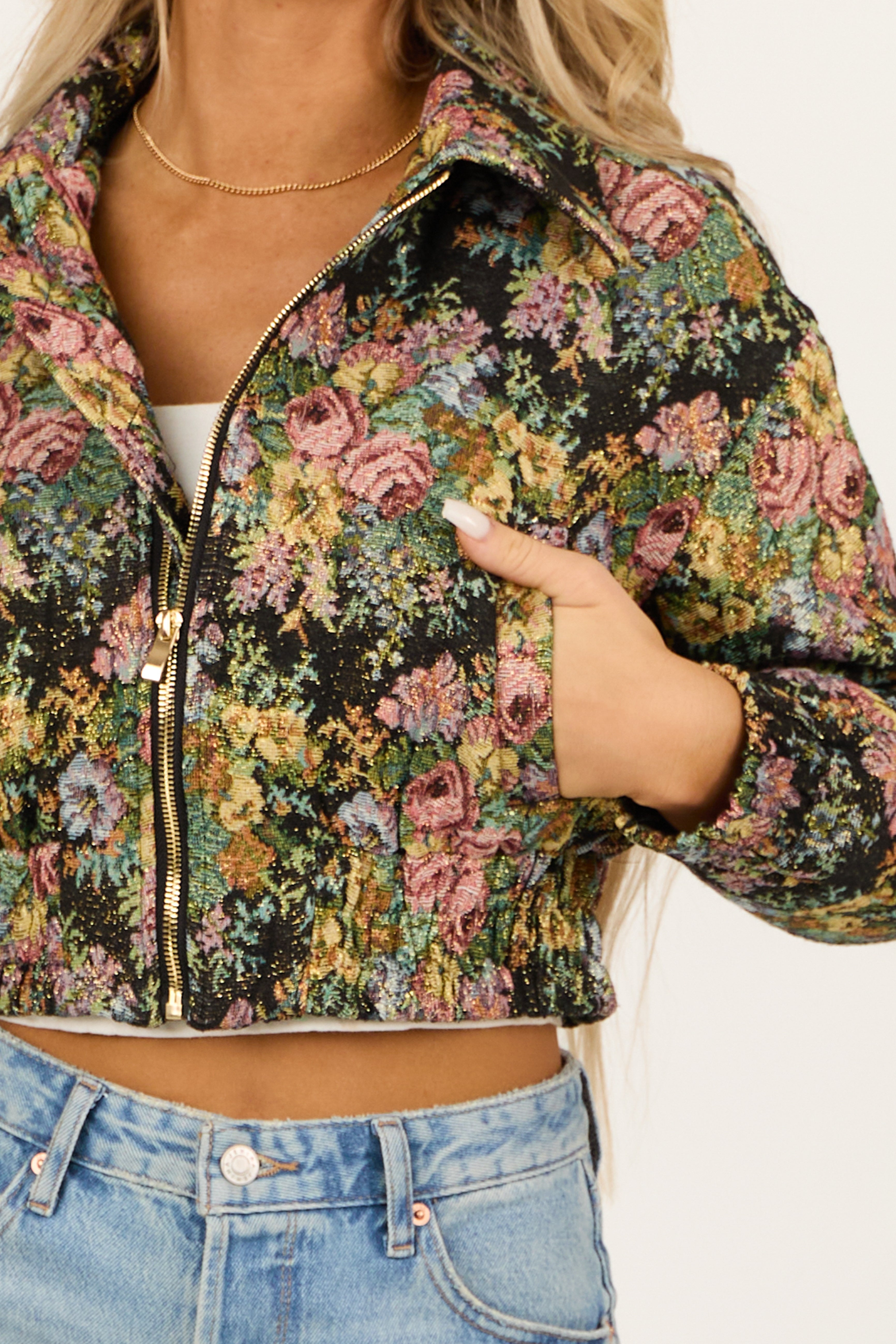 Women's Black Floral Metallic Cropped Bomber Jacket
