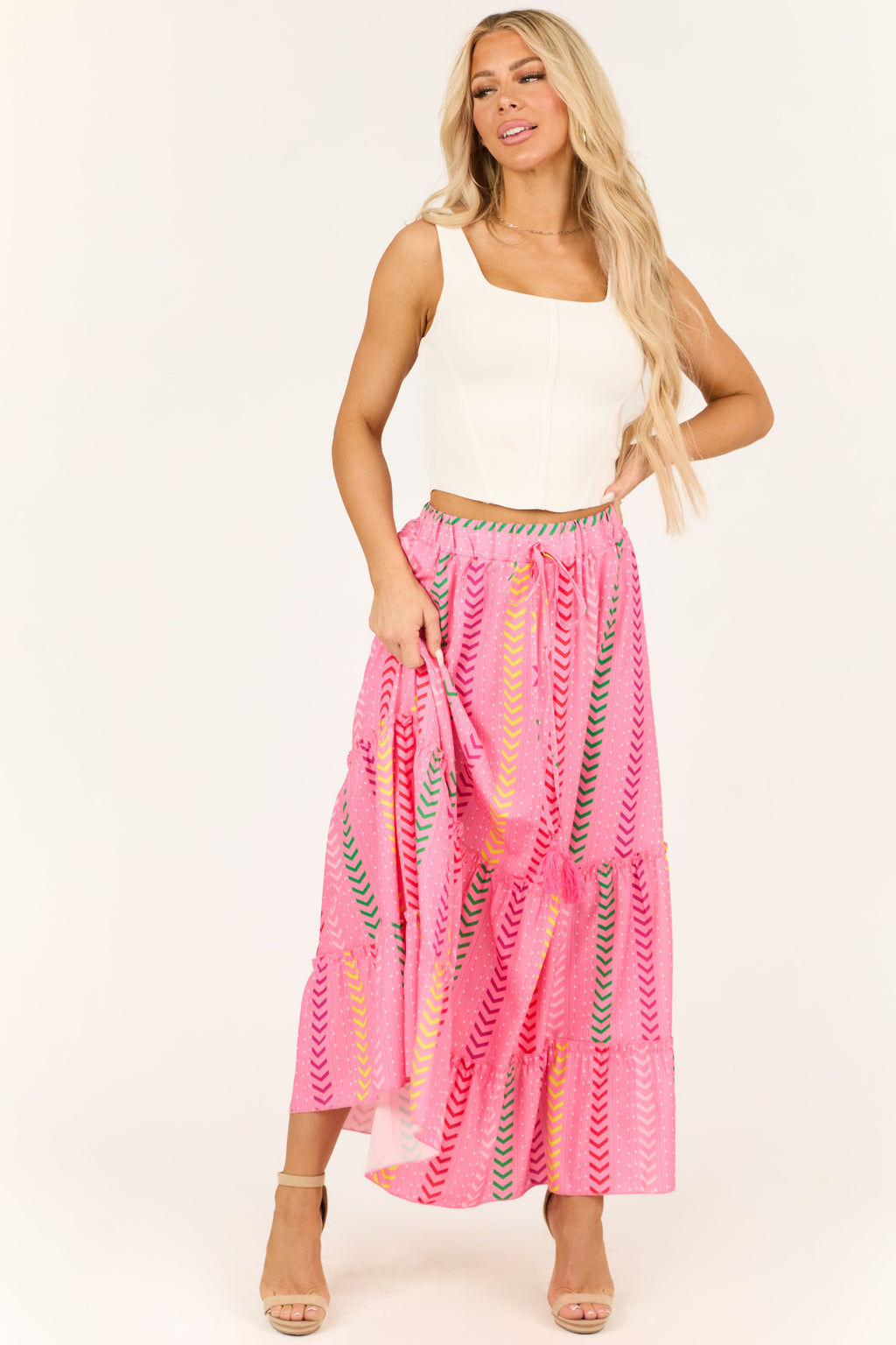 Women's Bubblegum Chevron Print Ruffle Tiered Maxi Skirt