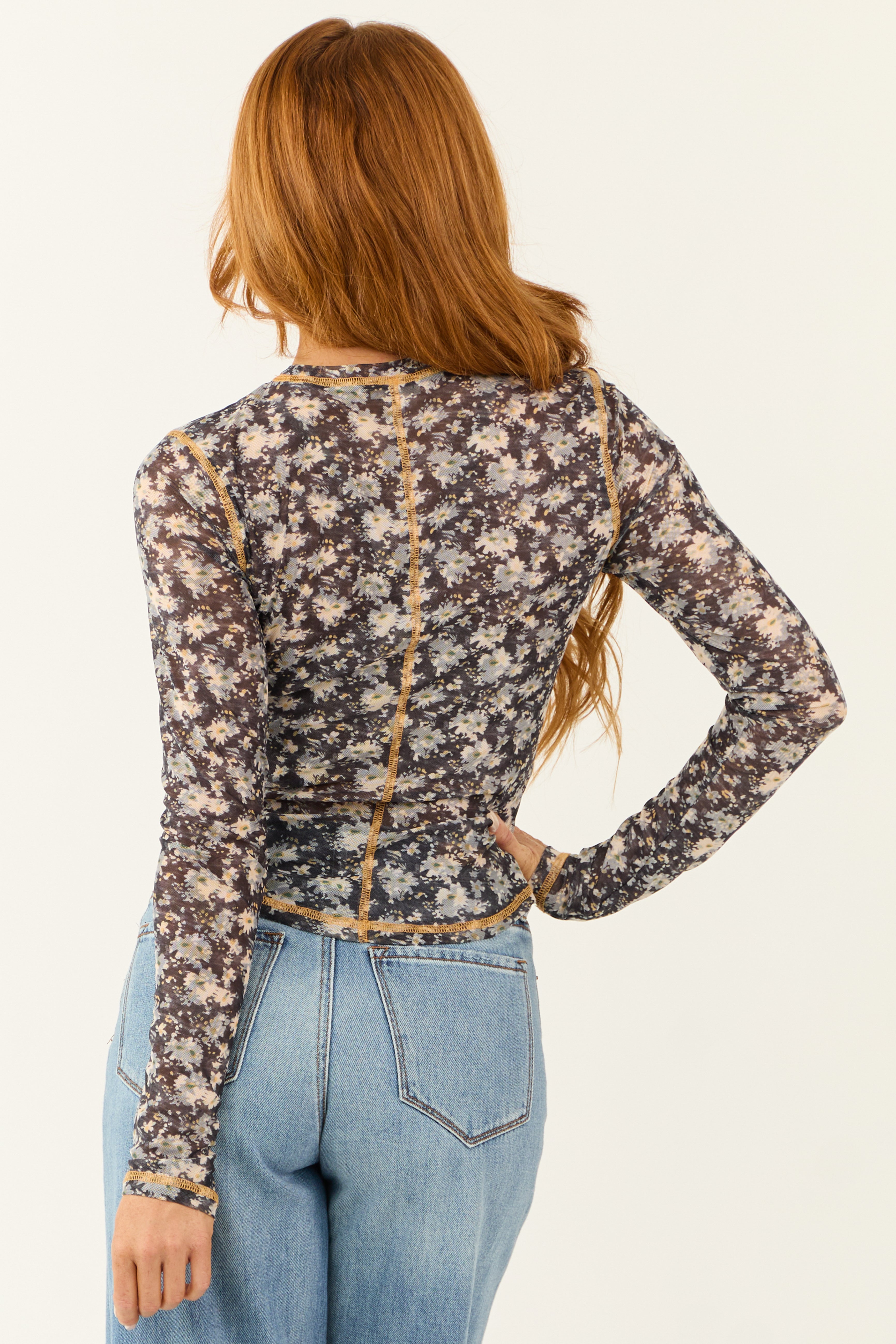 Women's Black Floral Print Long Sleeve Mesh Top