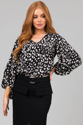 Women's Black Leopard Print V Neck 3/4 Sleeve Blouse