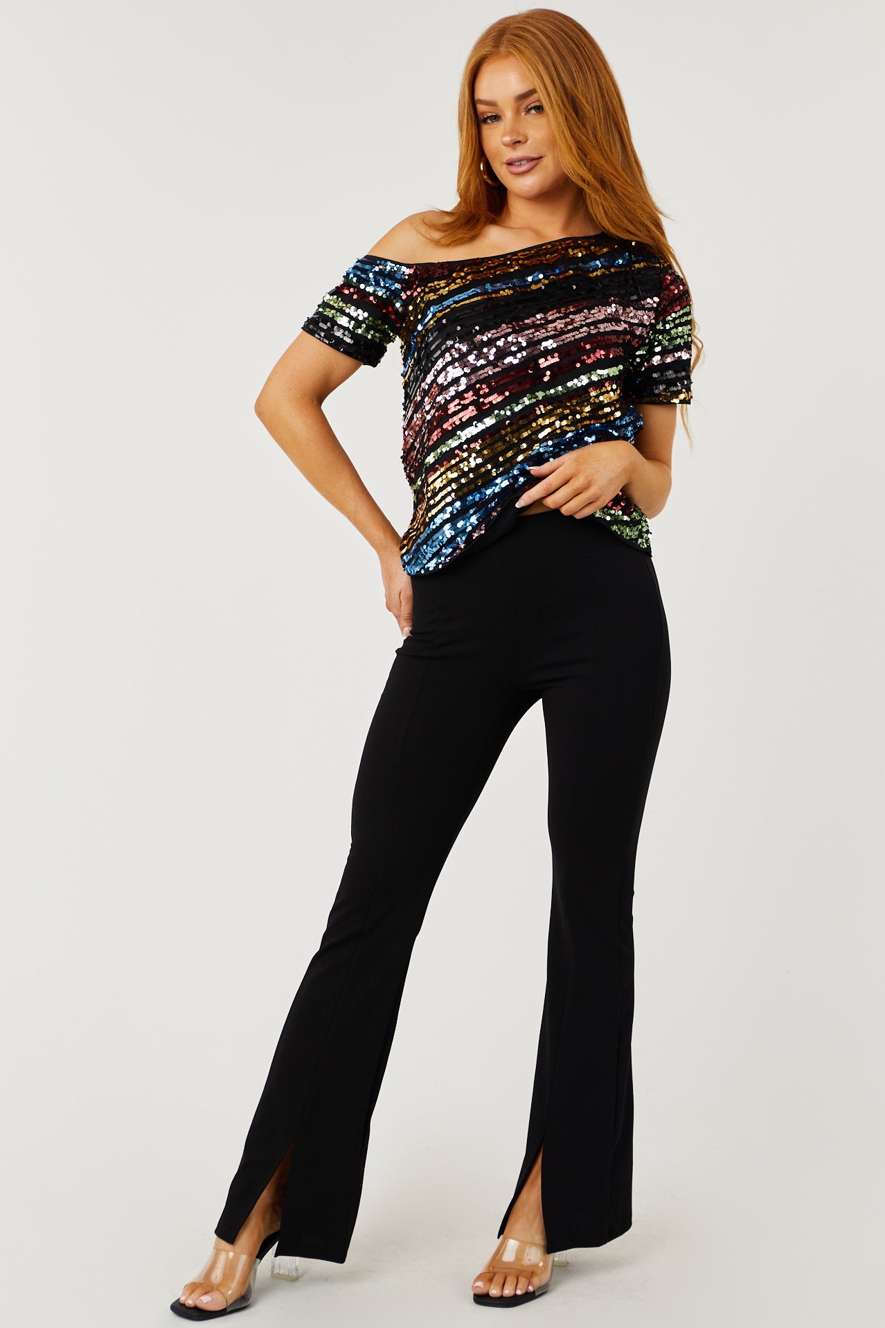 Women's Black Multicolor Sequin Off Shoulder Top