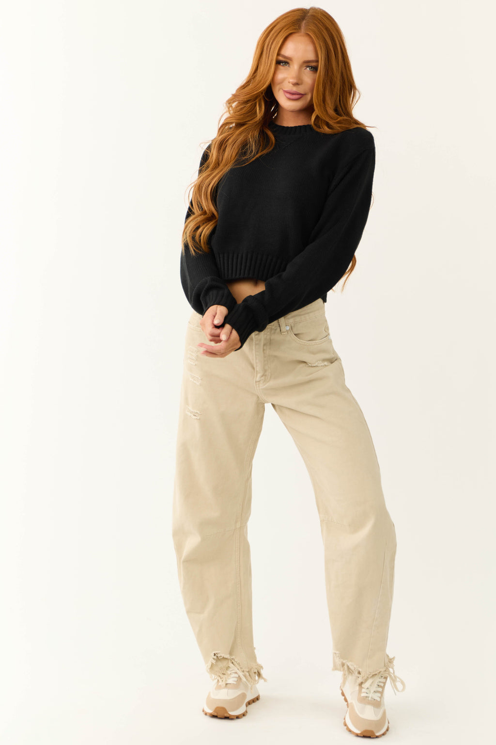 Women's Black Cropped Ribbed Trim Knit Sweater