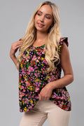 Women's Black Flower Print Ruffle Cap Sleeve Blouse