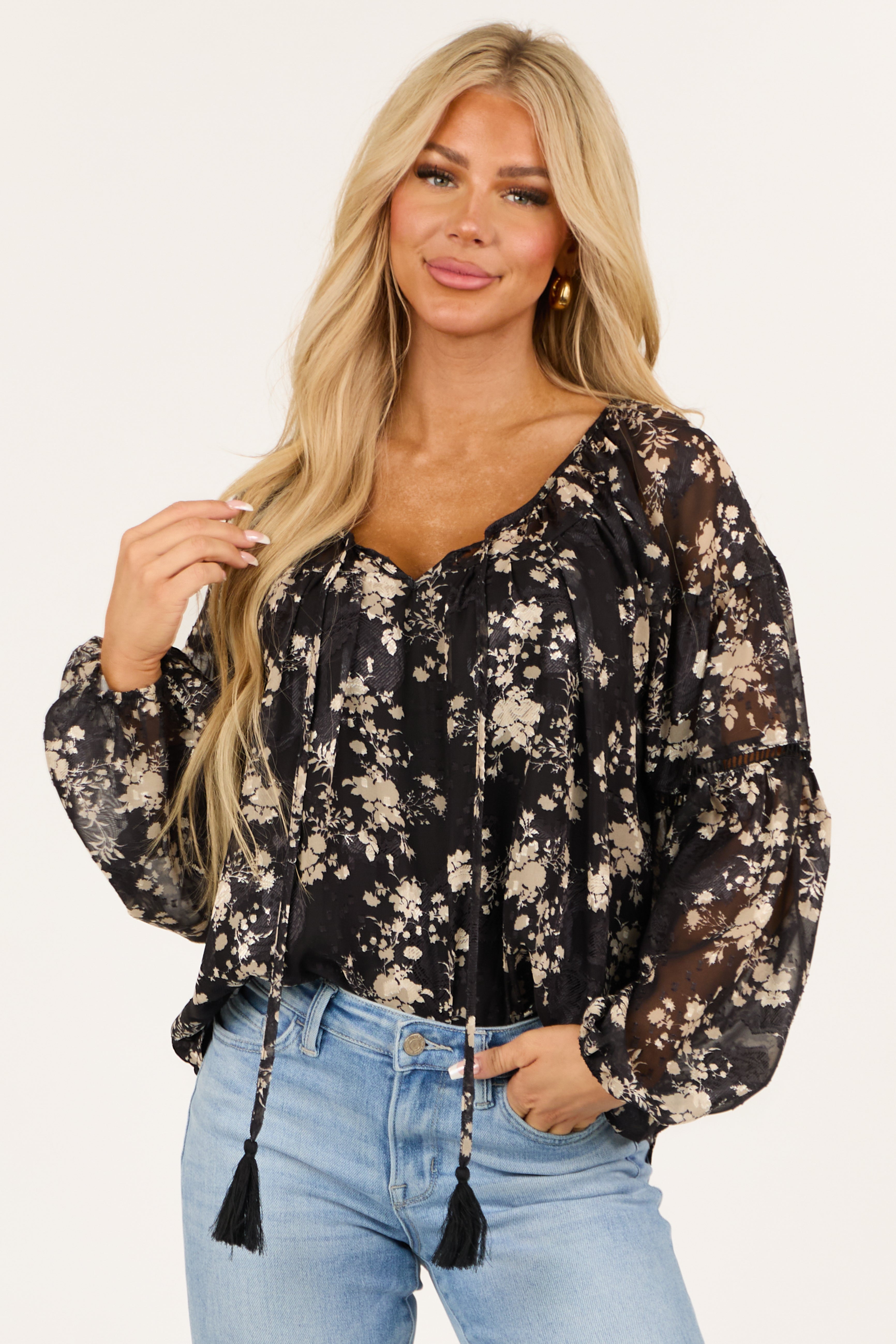 Women's Black Floral Print Chiffon Long Sleeve Top