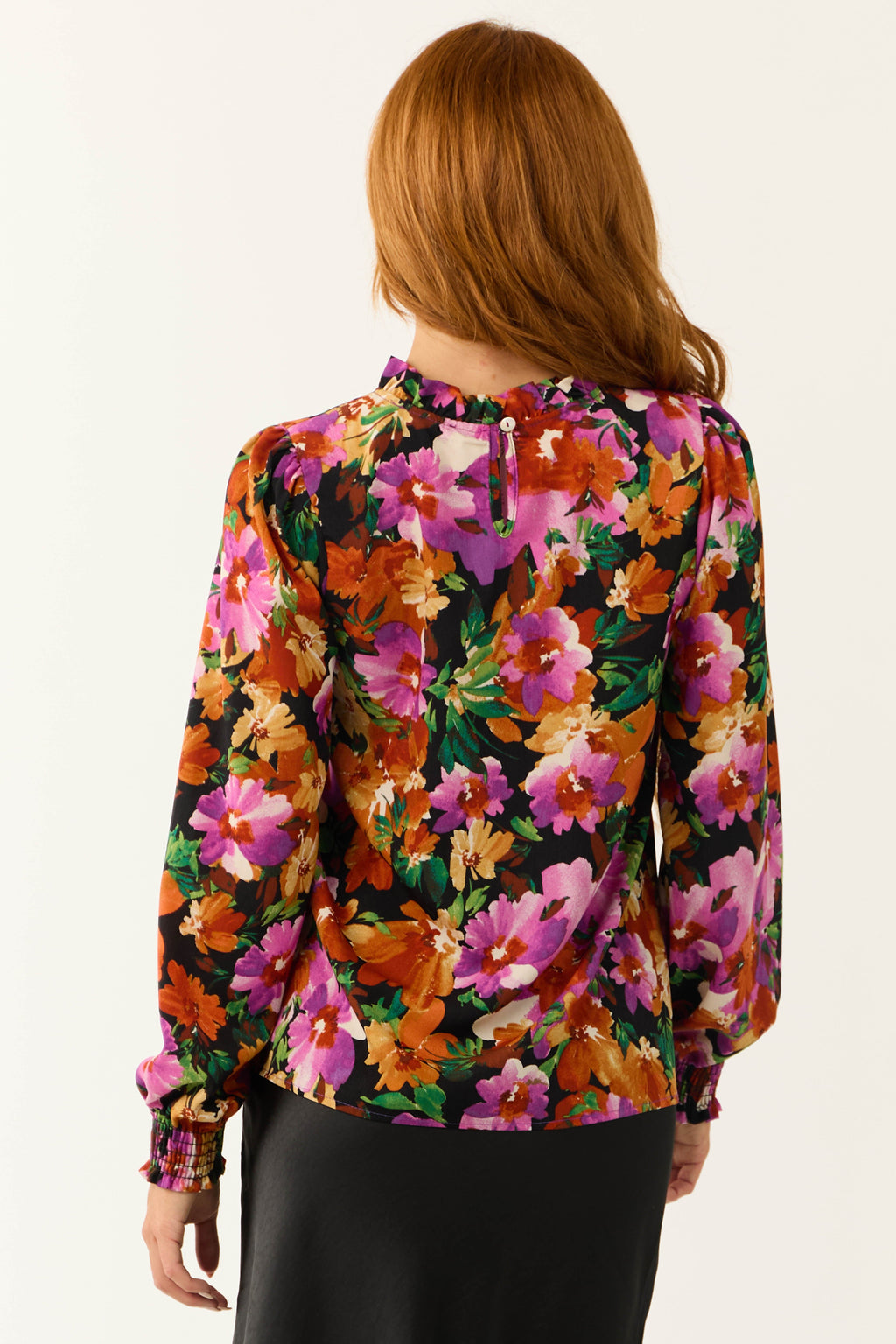 Women's Black Floral Print Bubble Sleeve Blouse