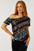 Women's Black Multicolor Sequin Off Shoulder Top