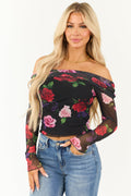 Women's Black Floral Print Ruched Mesh Off Shoulder Top