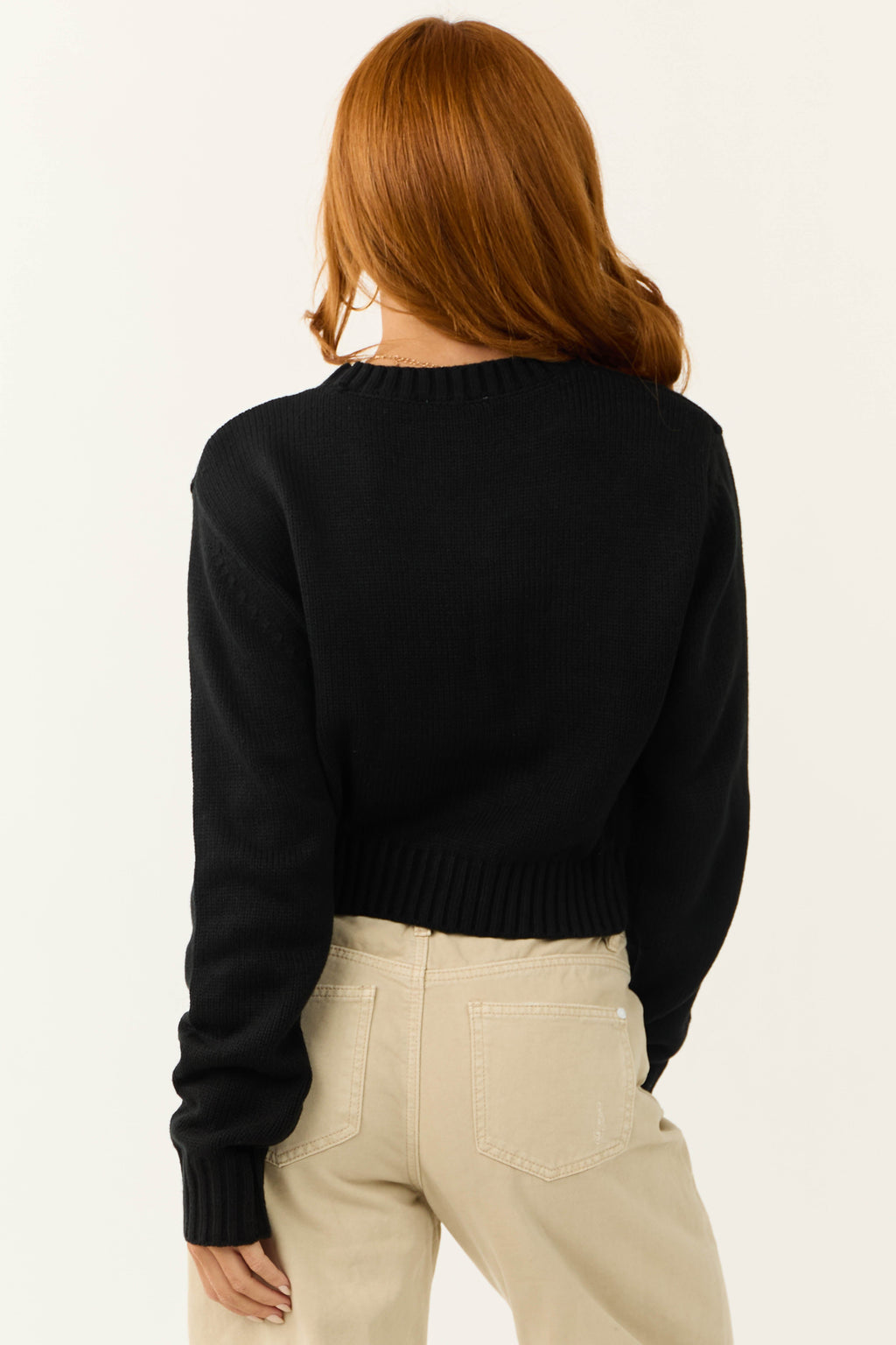 Women's Black Cropped Ribbed Trim Knit Sweater