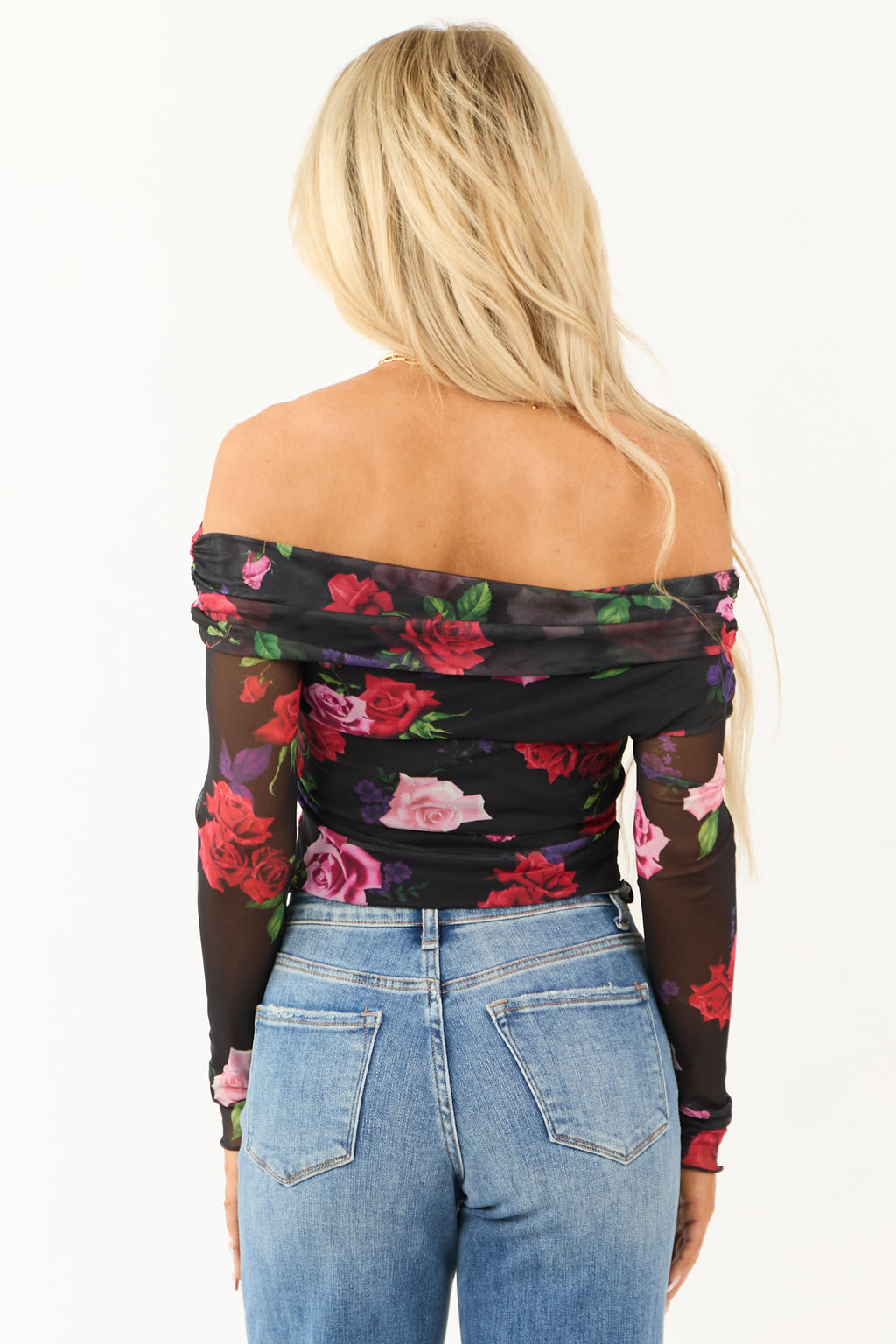 Women's Black Floral Print Ruched Mesh Off Shoulder Top