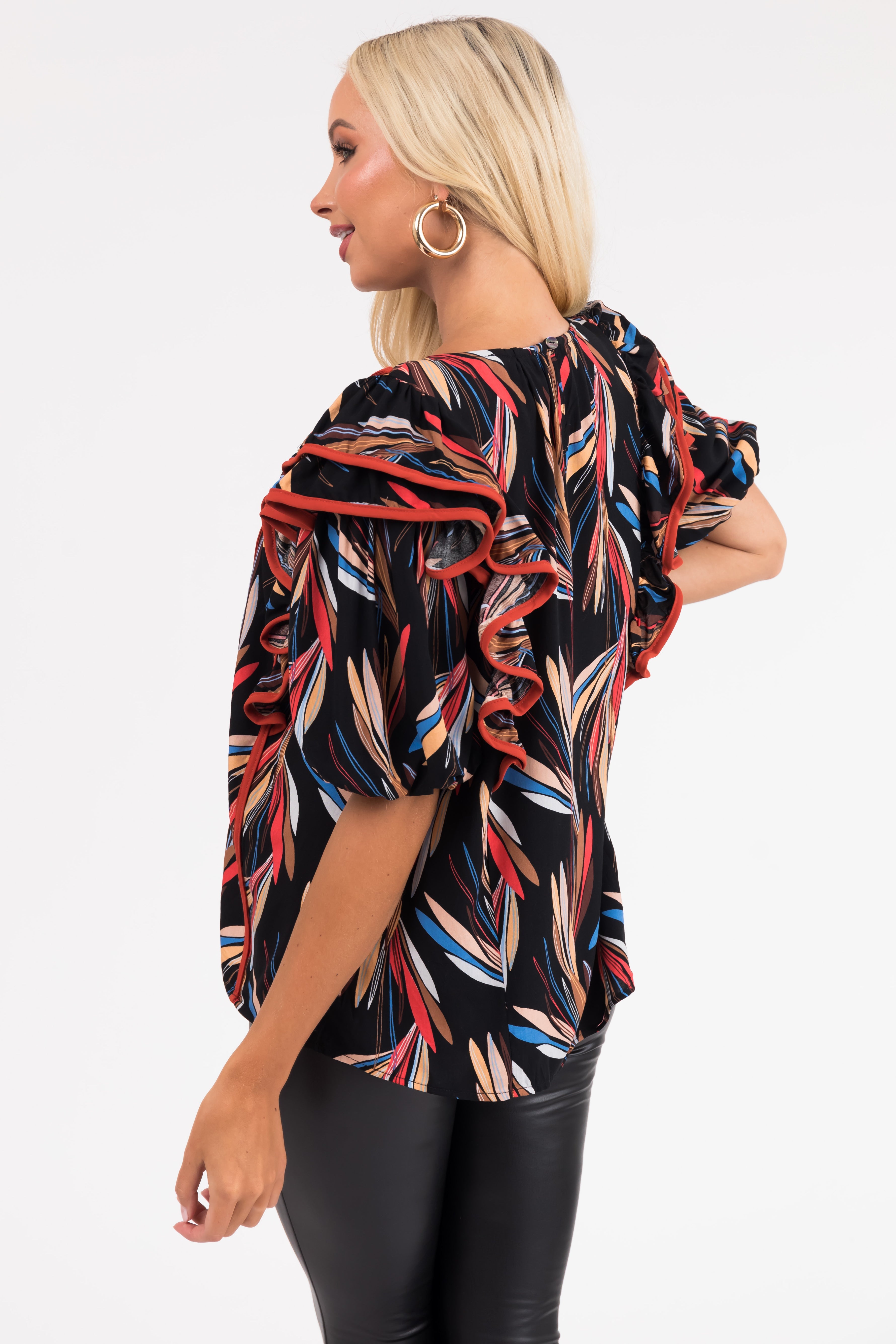 Women's Black Printed Short Ruffle Sleeve Blouse