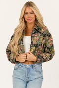 Women's Black Floral Metallic Cropped Bomber Jacket