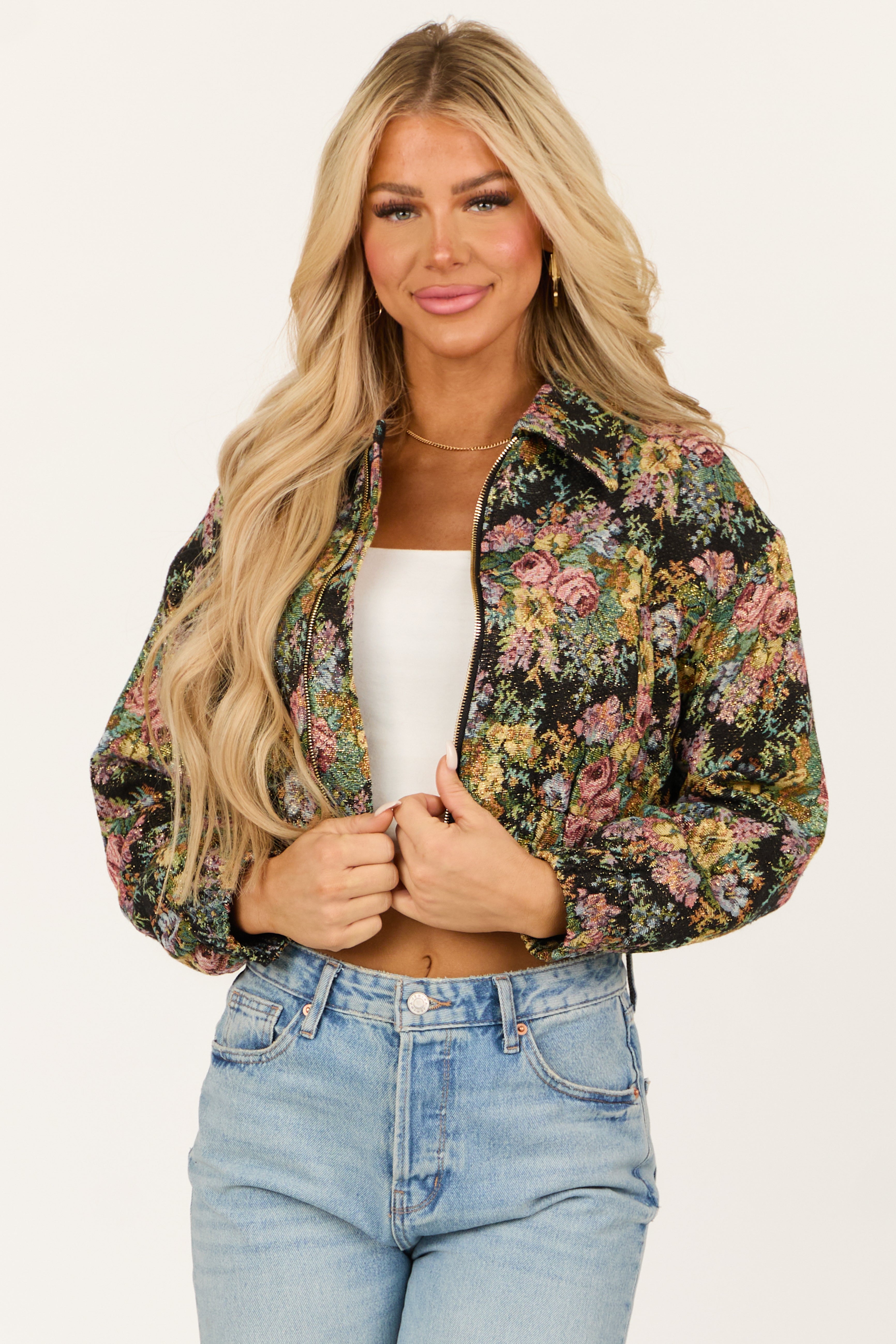 Women's Black Floral Metallic Cropped Bomber Jacket