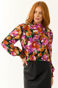 Women's Black Floral Print Bubble Sleeve Blouse