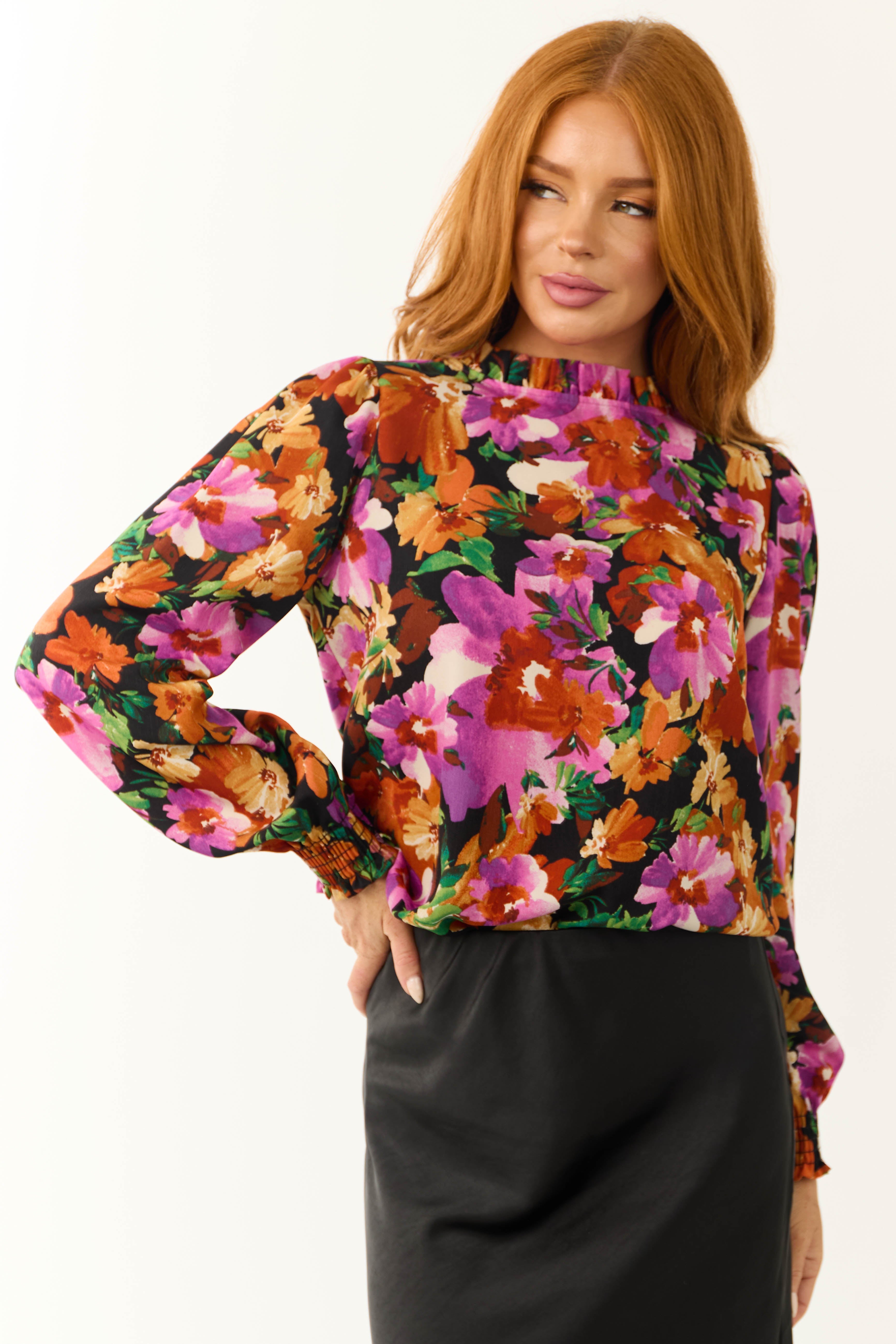 Women's Black Floral Print Bubble Sleeve Blouse