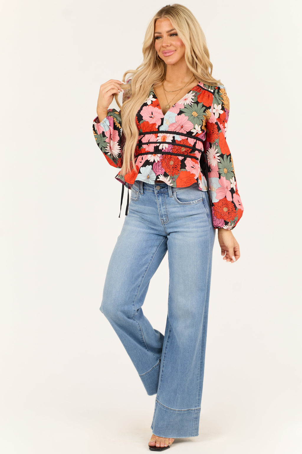 Women's Black Floral Print V Neck Cinched Waist Top