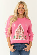 Women's Bubblegum Sequin Gingerbread House Scene Sweater