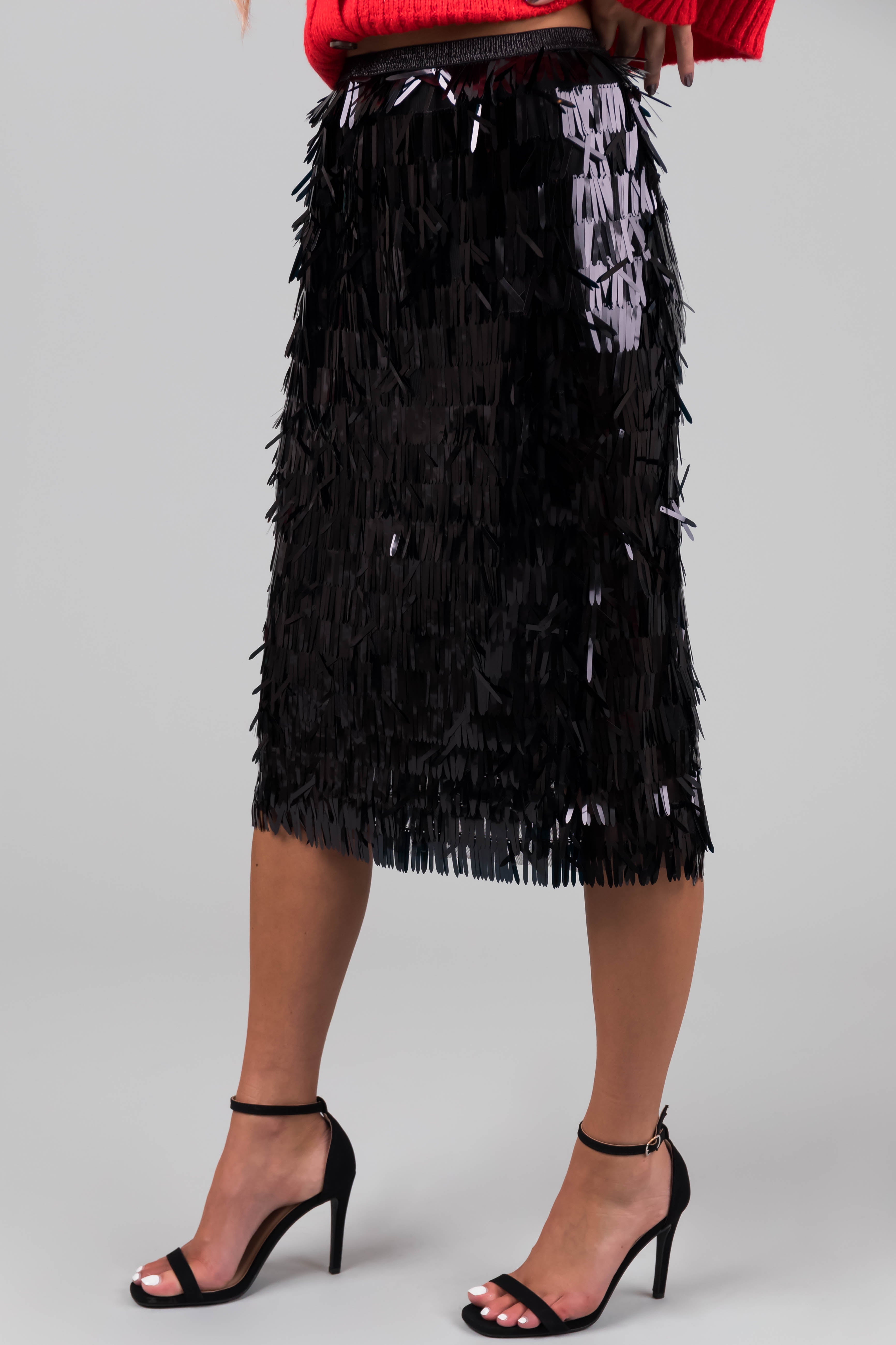 Women's Black Fringe Sequin Elastic Midi Skirt