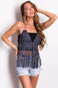 Women's Black Rhinestone Chain Mail Fringe Top