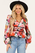 Women's Black Floral Print V Neck Cinched Waist Top