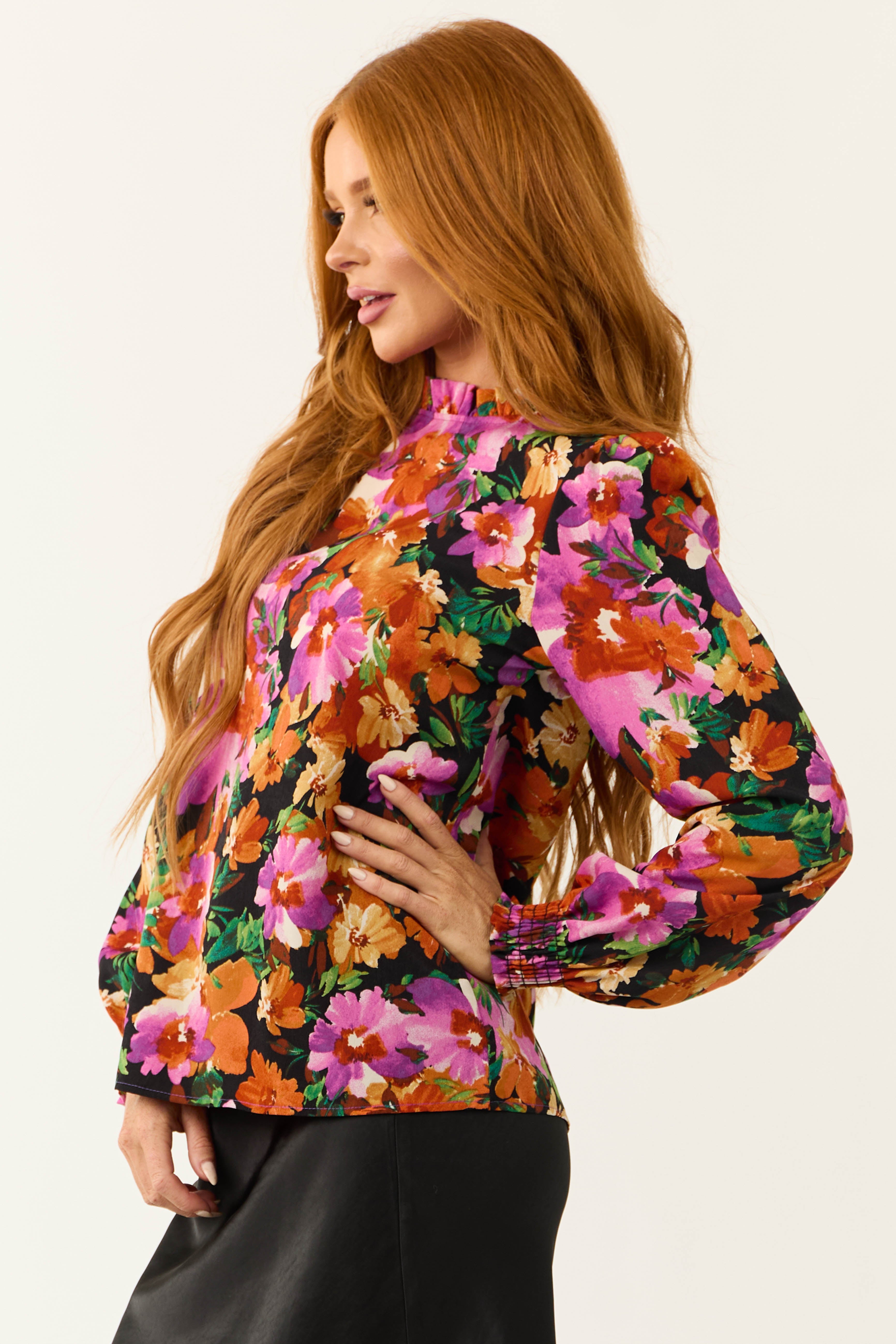 Women's Black Floral Print Bubble Sleeve Blouse