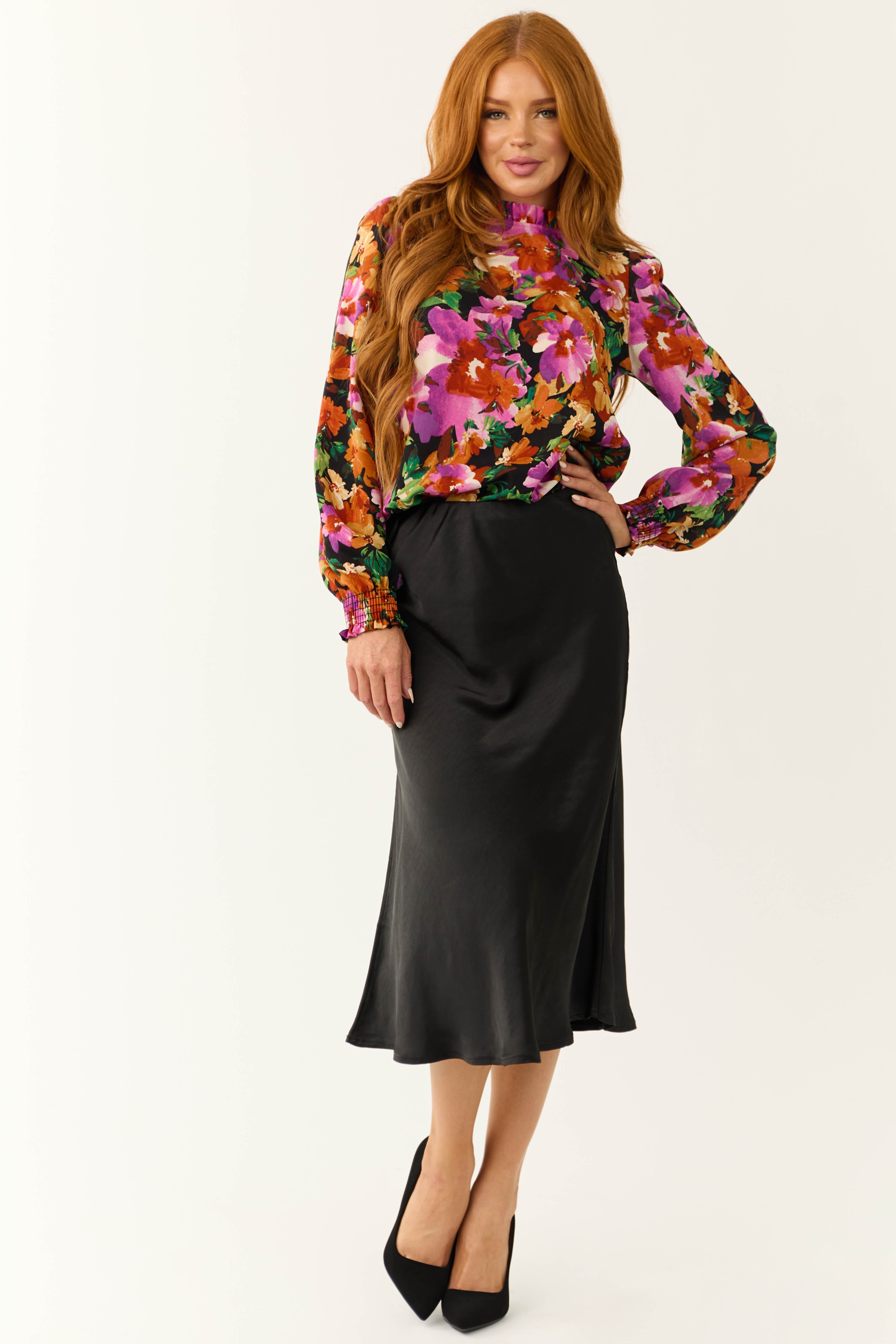 Women's Black Floral Print Bubble Sleeve Blouse