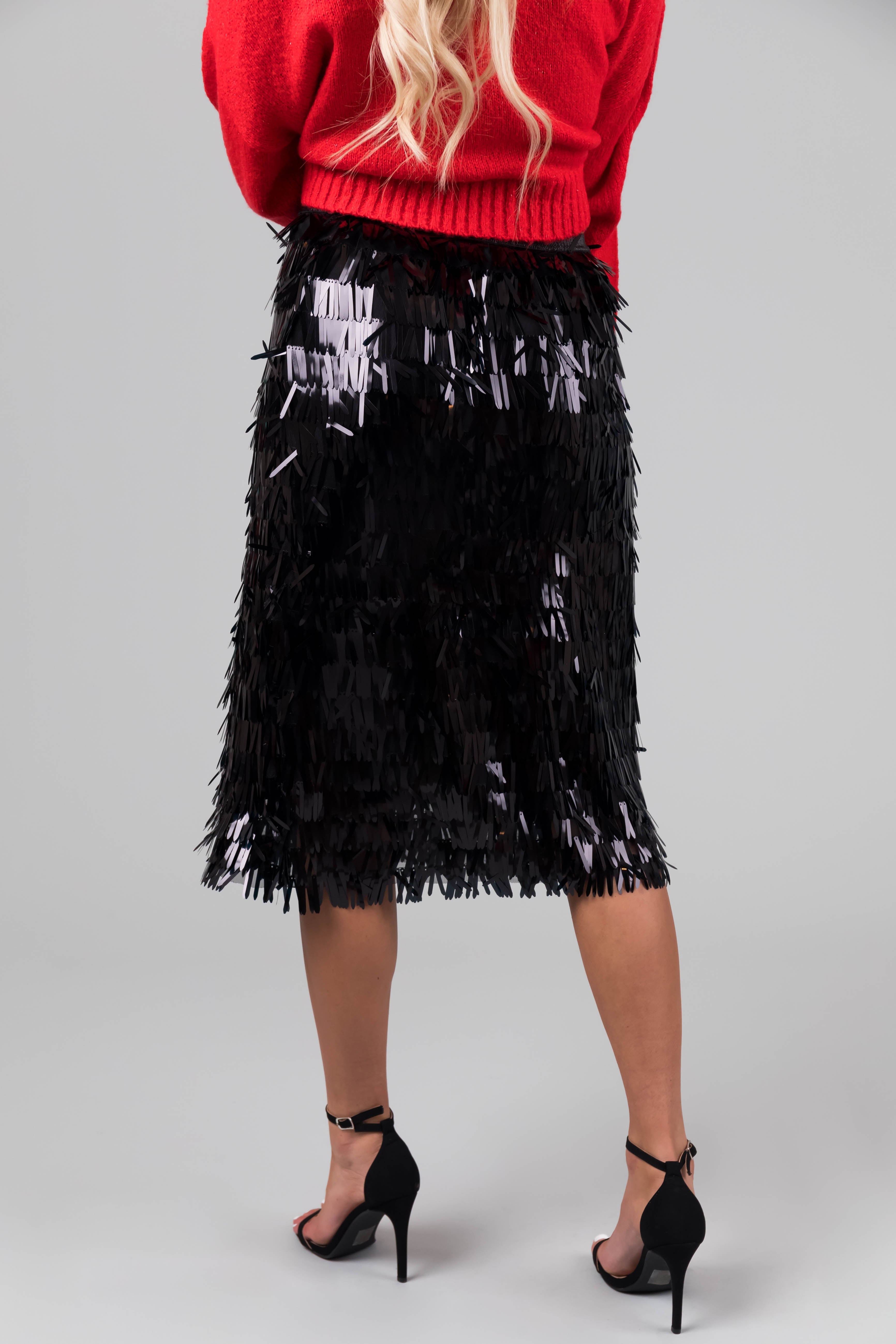 Women's Black Fringe Sequin Elastic Midi Skirt