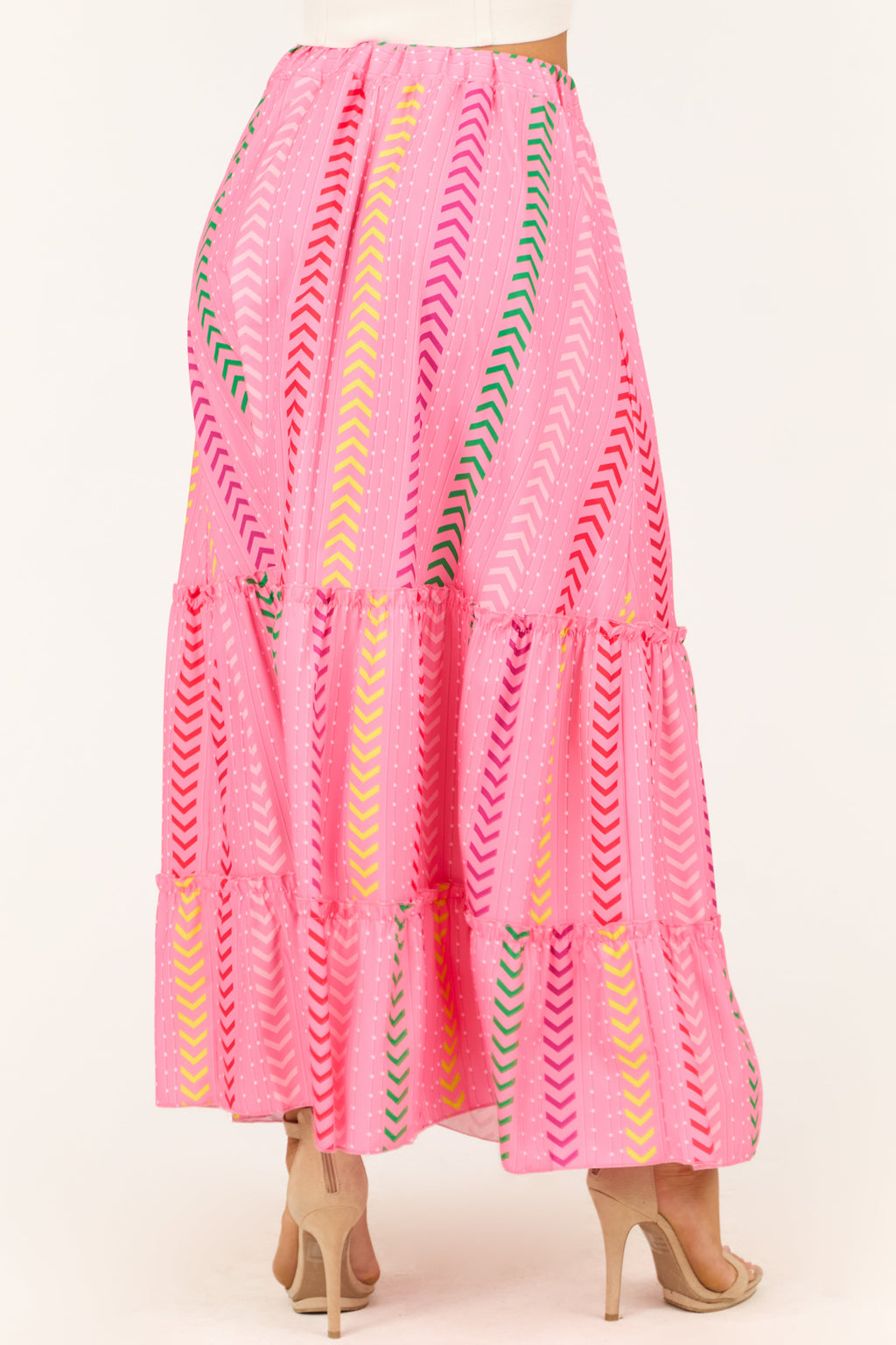 Women's Bubblegum Chevron Print Ruffle Tiered Maxi Skirt