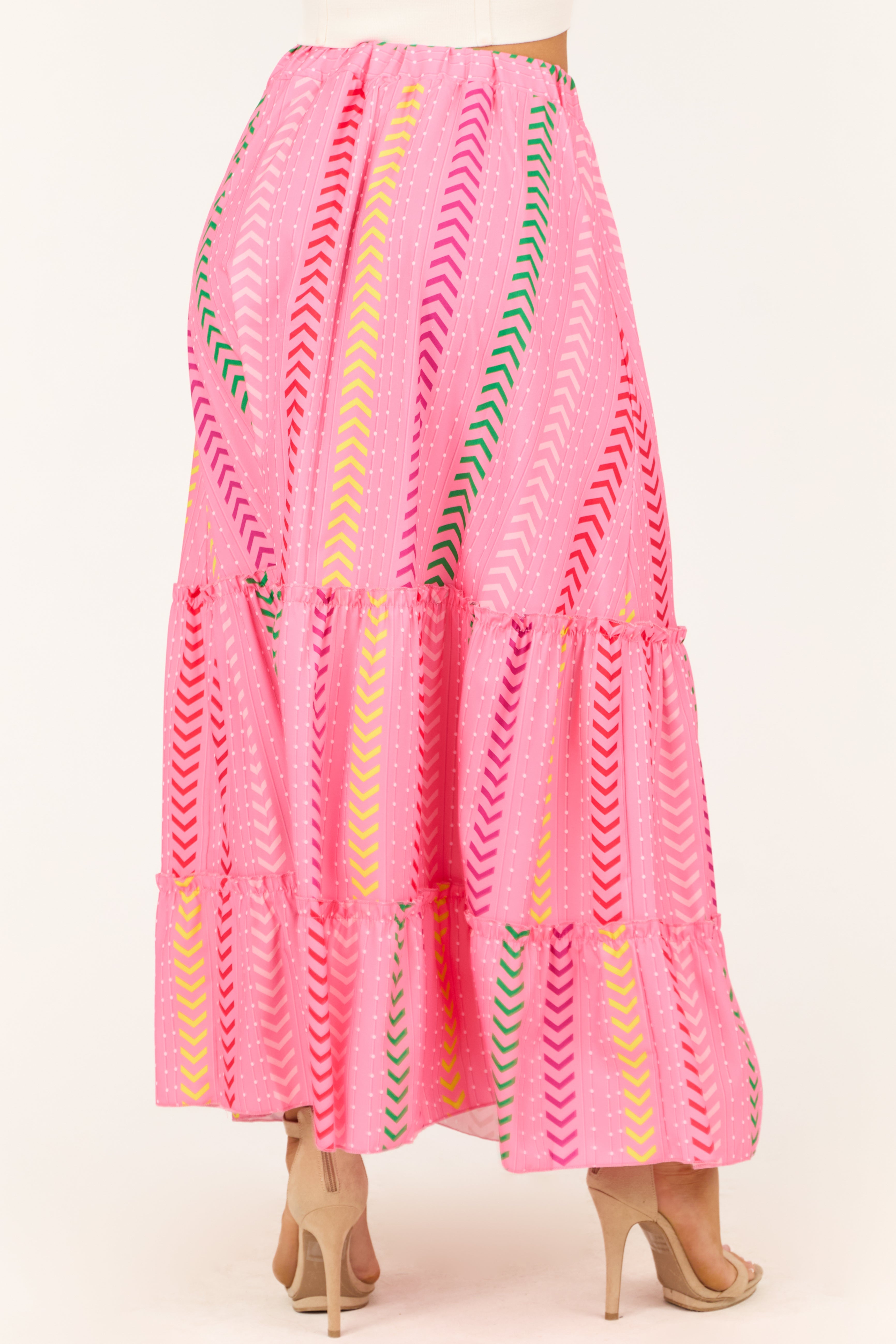Women's Bubblegum Chevron Print Ruffle Tiered Maxi Skirt