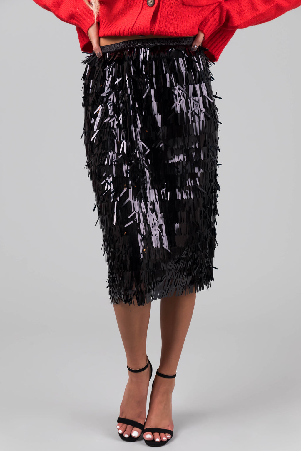 Women's Black Fringe Sequin Elastic Midi Skirt