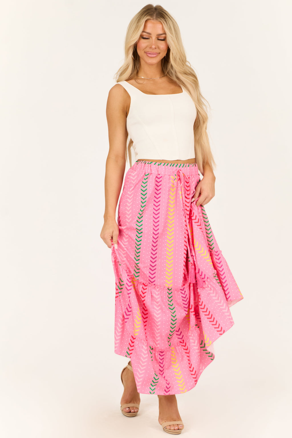 Women's Bubblegum Chevron Print Ruffle Tiered Maxi Skirt