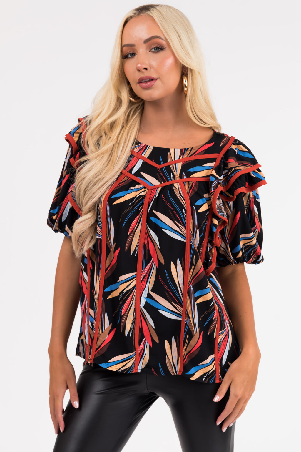 Women's Black Printed Short Ruffle Sleeve Blouse