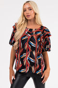 Women's Black Printed Short Ruffle Sleeve Blouse