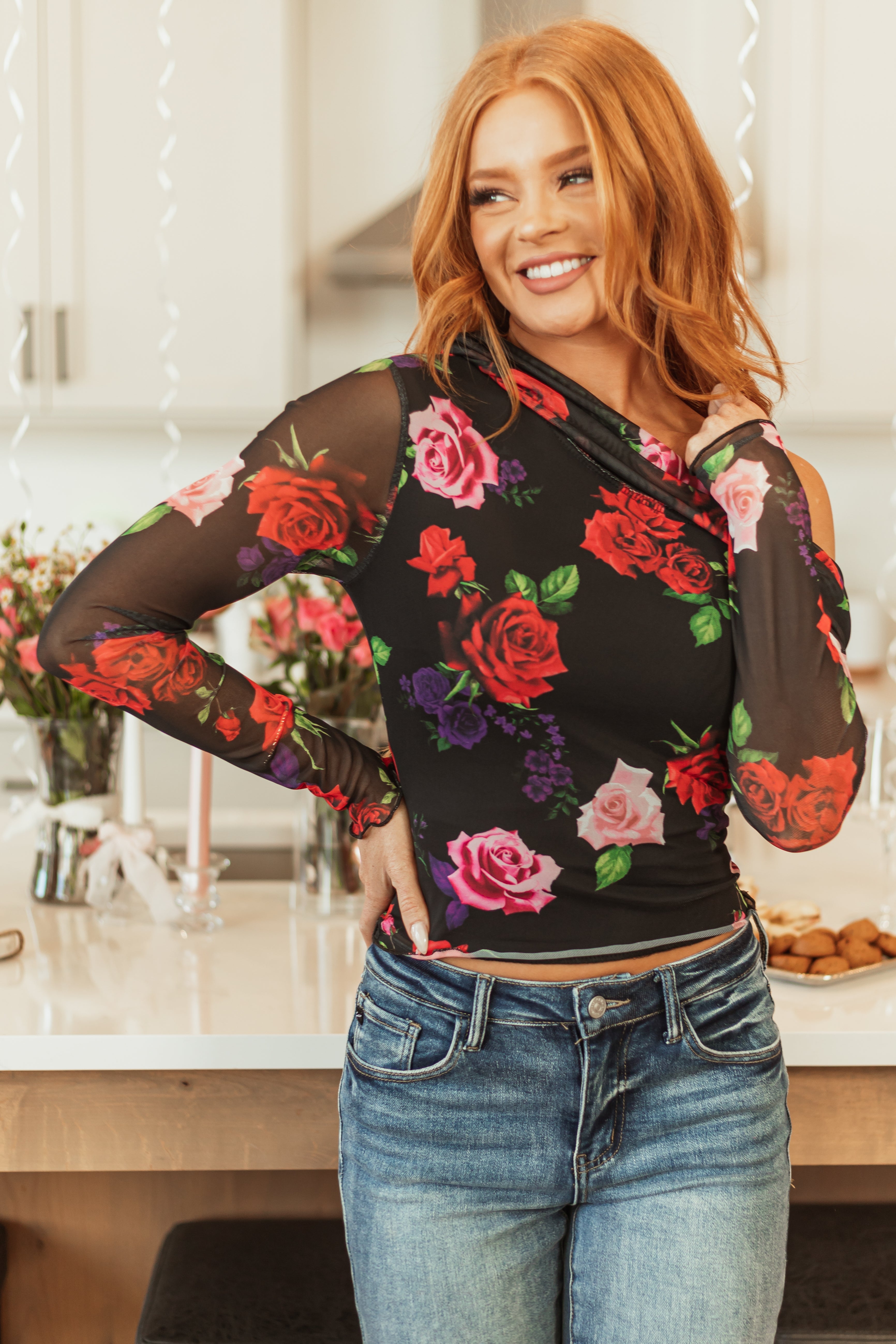 Women's Black Floral Print Ruched Mesh Off Shoulder Top