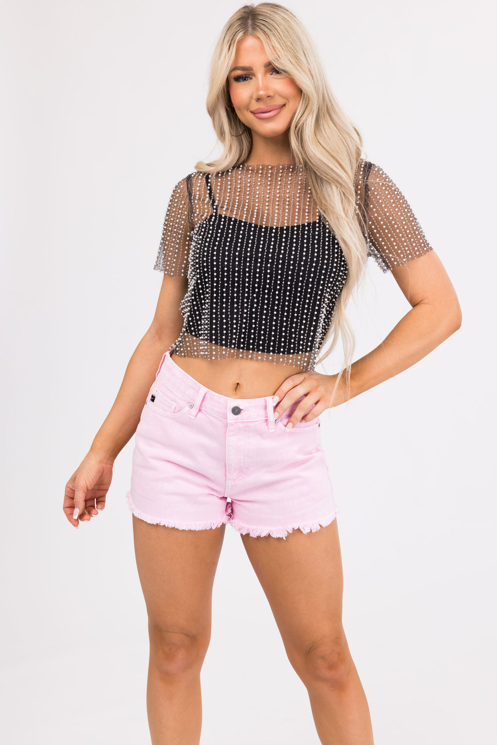 Women's Black Pearl Bead Mesh Top With Tank Top