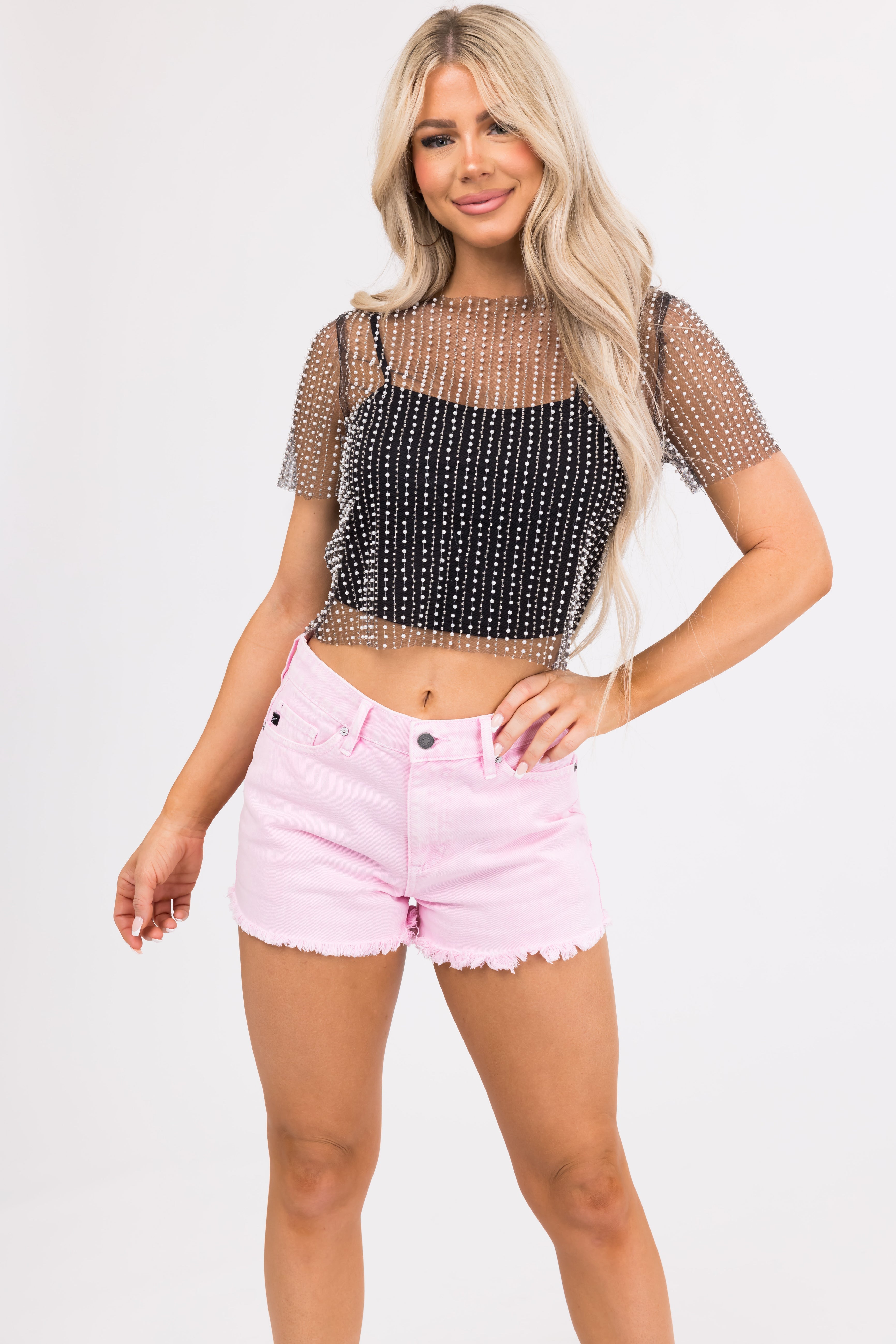 Women's Black Pearl Bead Mesh Top With Tank Top