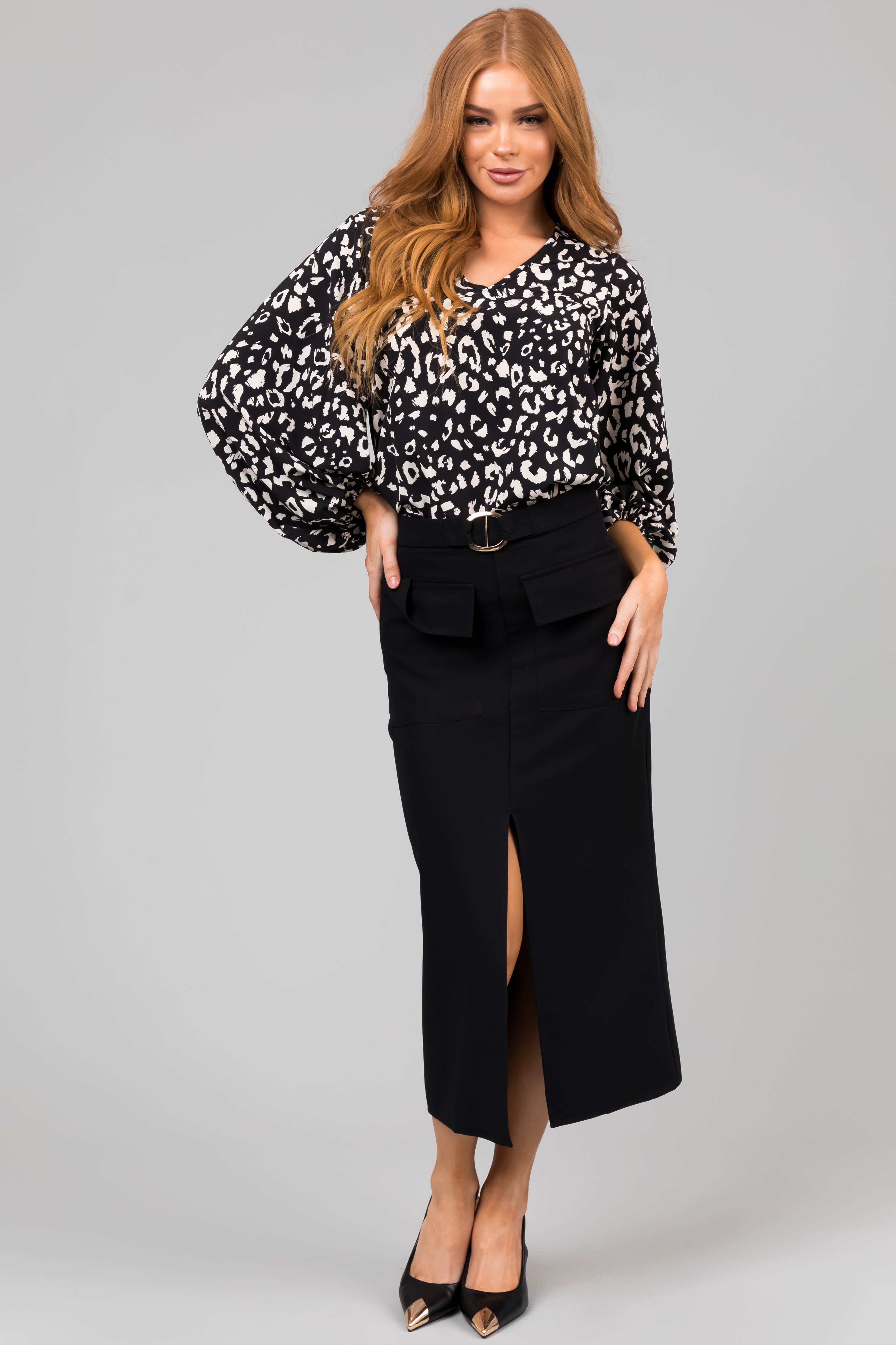 Women's Black Leopard Print V Neck 3/4 Sleeve Blouse