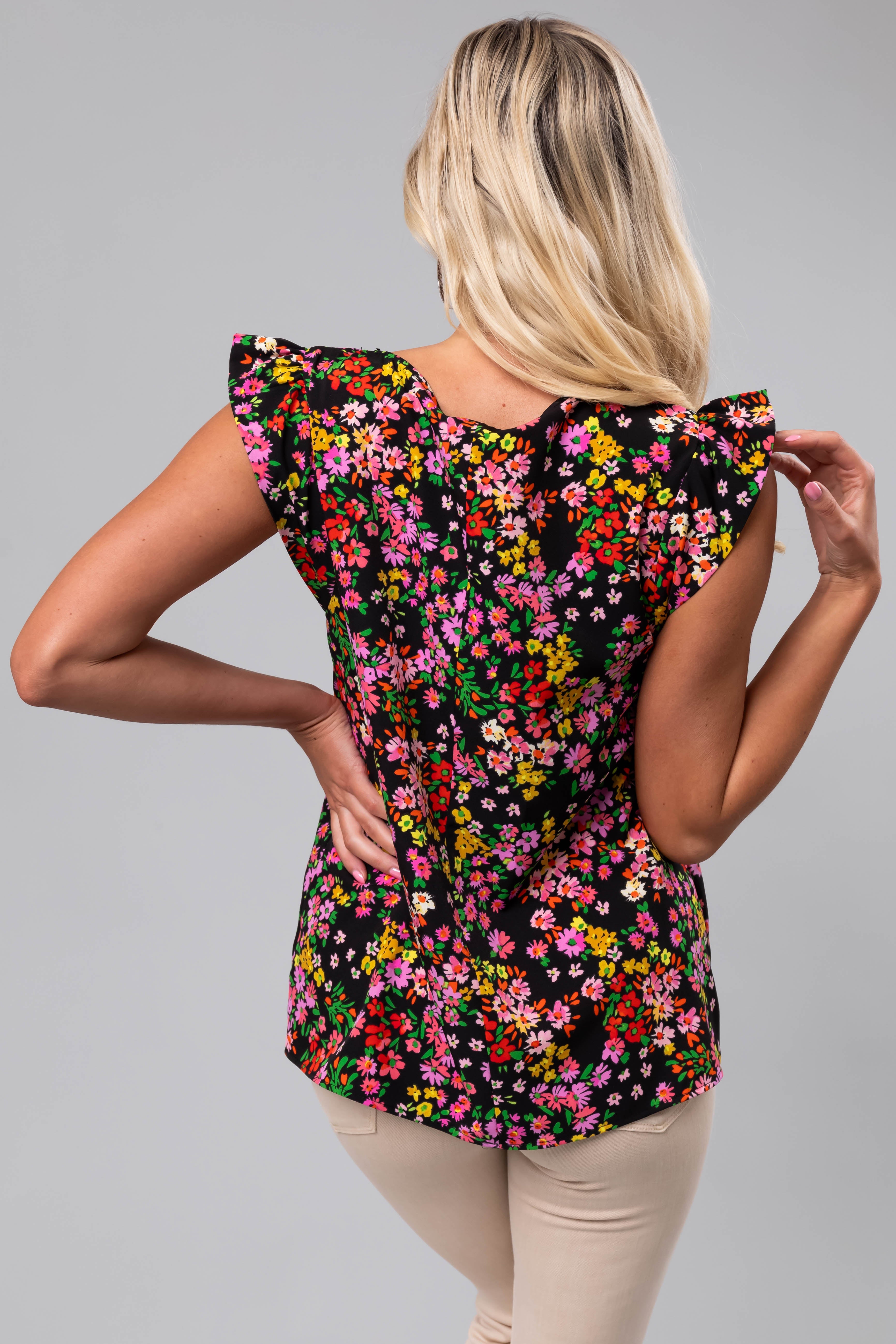 Women's Black Flower Print Ruffle Cap Sleeve Blouse
