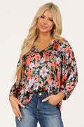 Women's Black Floral V Neck Pleated Long Sleeve Top