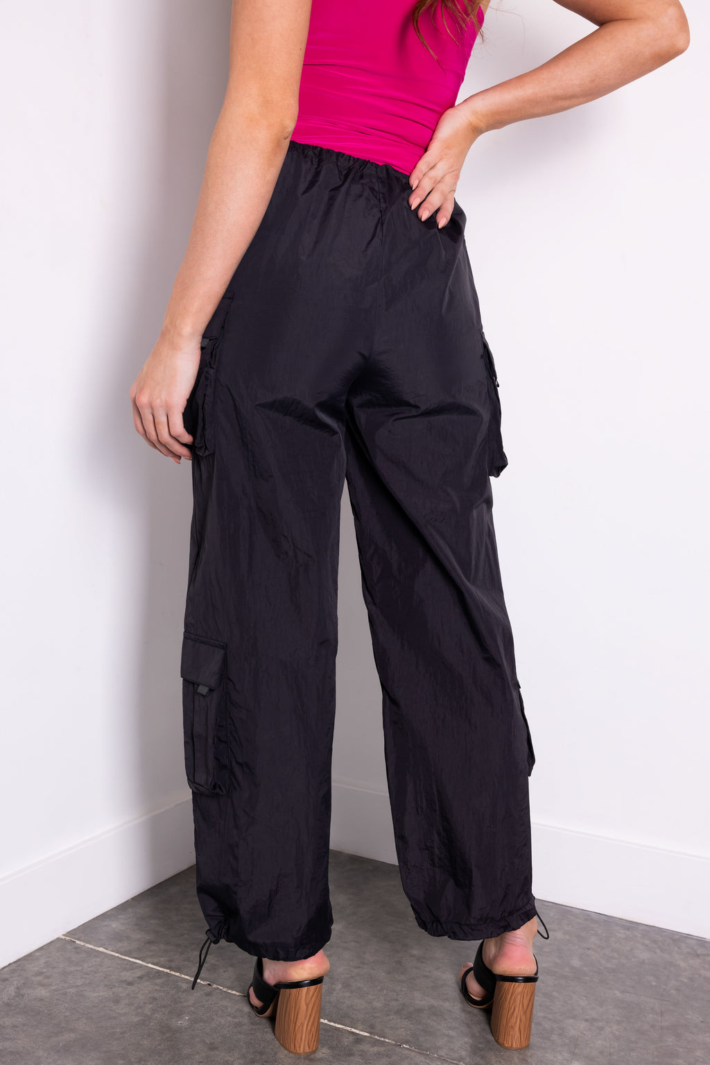 Women's Black Drawstring Cargo Parachute Pants
