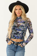 Women's Black Floral Print Ruched And Smocked Mesh Top