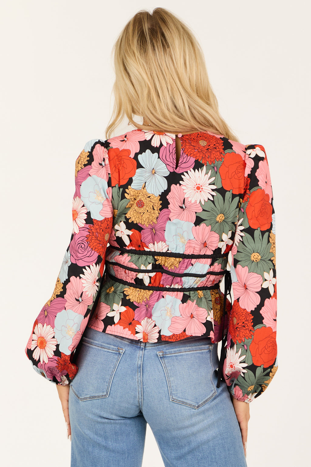 Women's Black Floral Print V Neck Cinched Waist Top