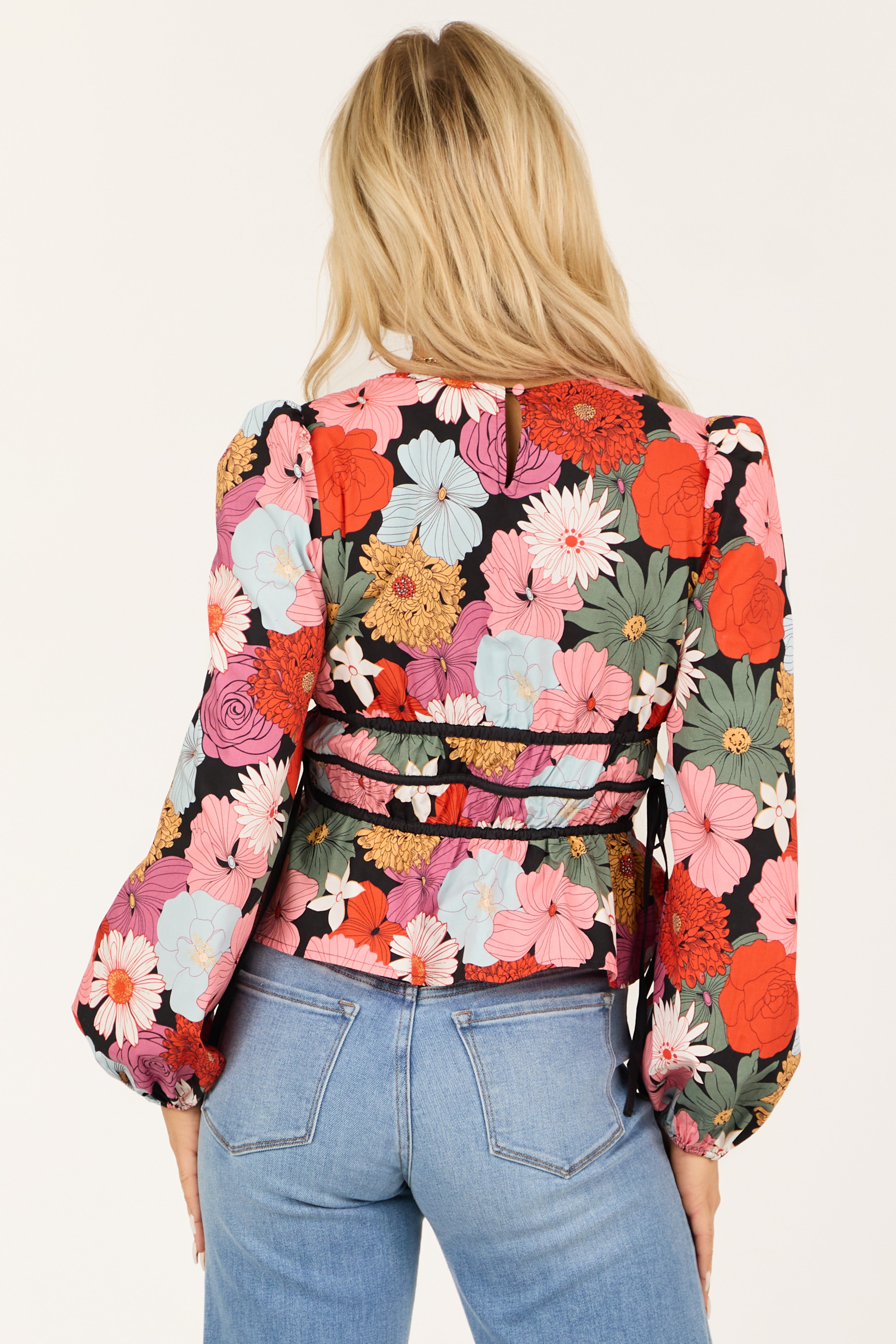 Women's Black Floral Print V Neck Cinched Waist Top