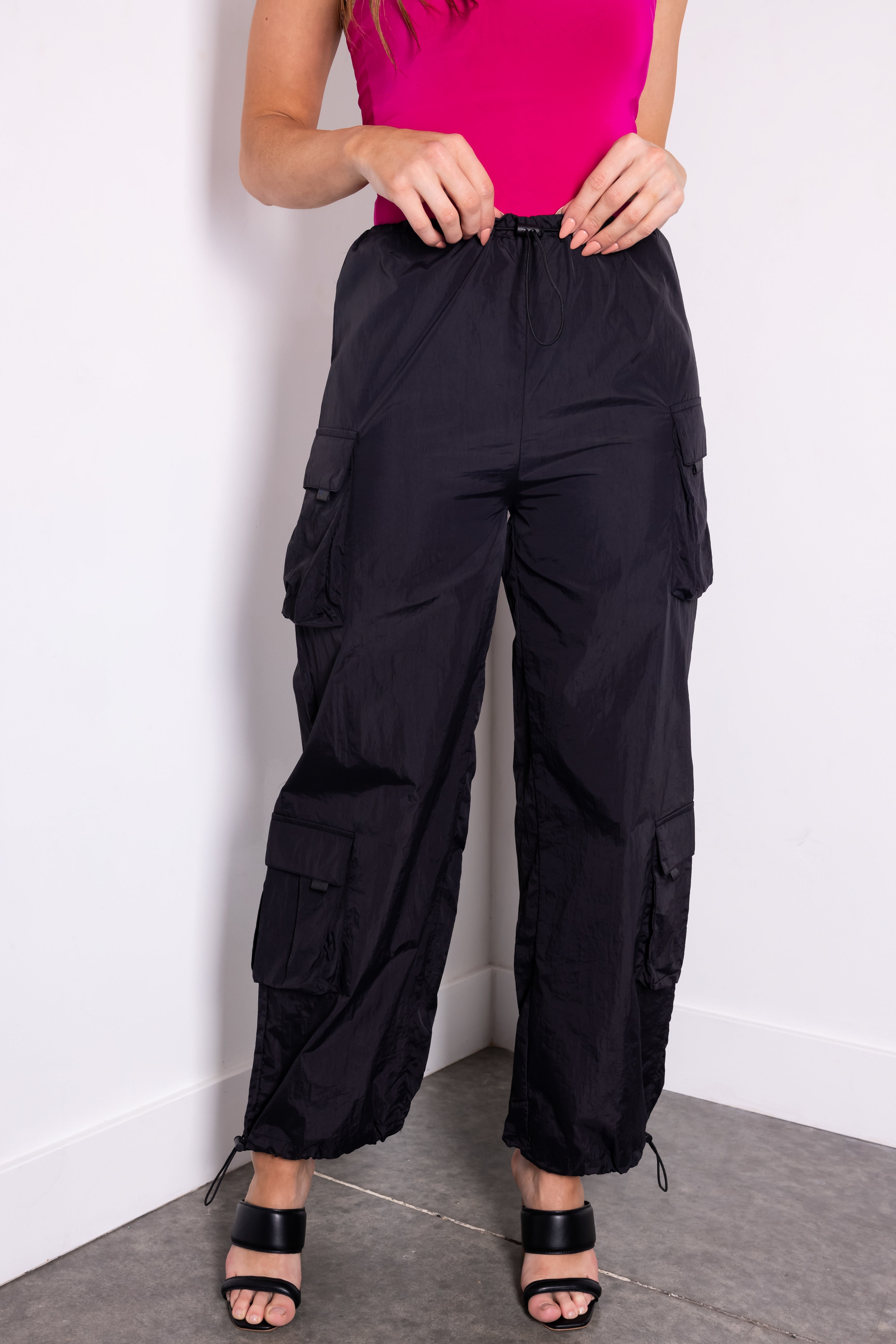 Women's Black Drawstring Cargo Parachute Pants
