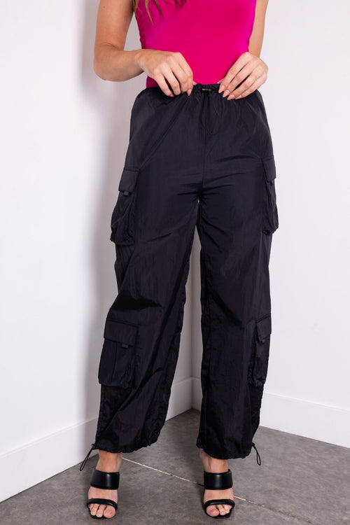 Women's Black Drawstring Cargo Parachute Pants