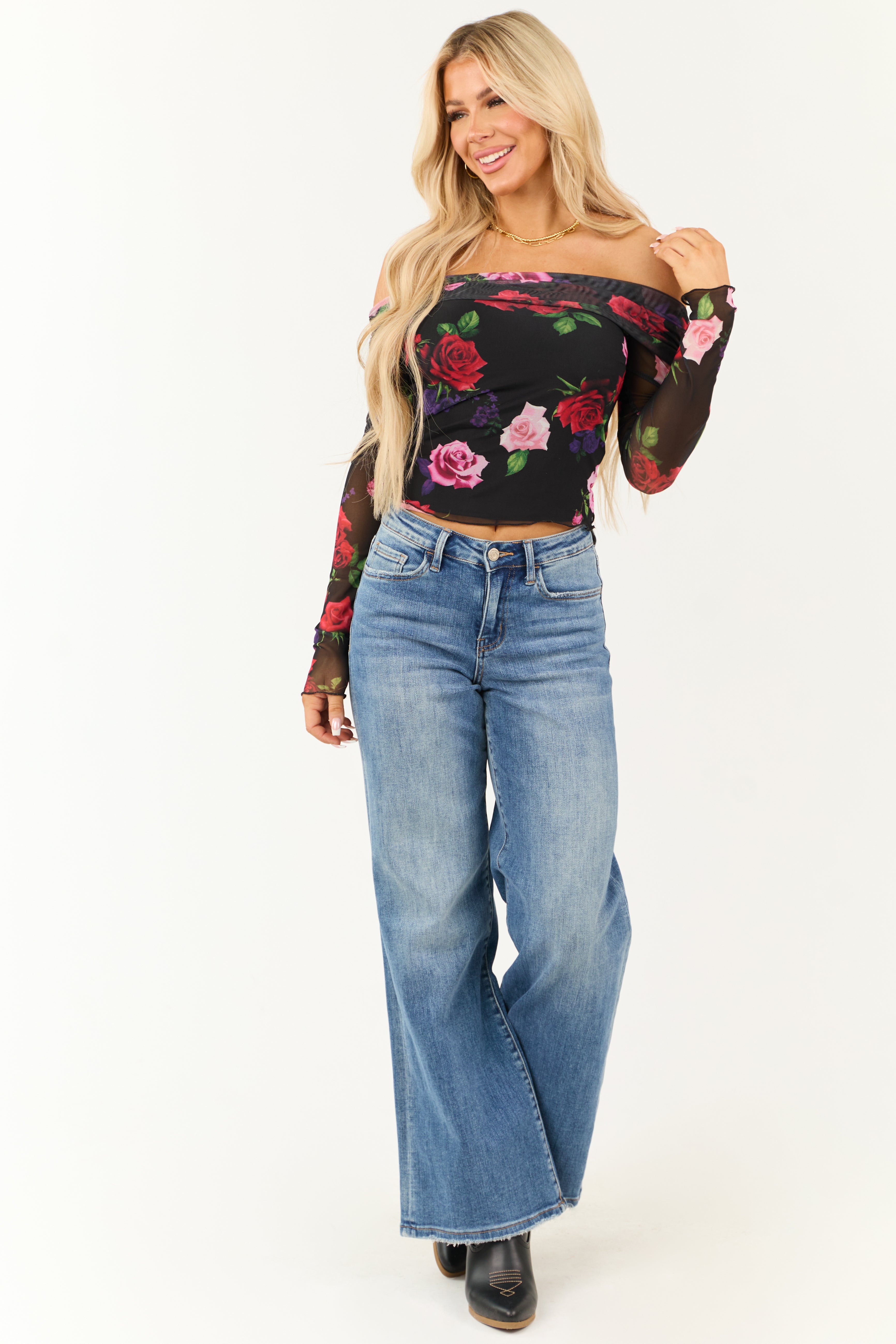 Women's Black Floral Print Ruched Mesh Off Shoulder Top