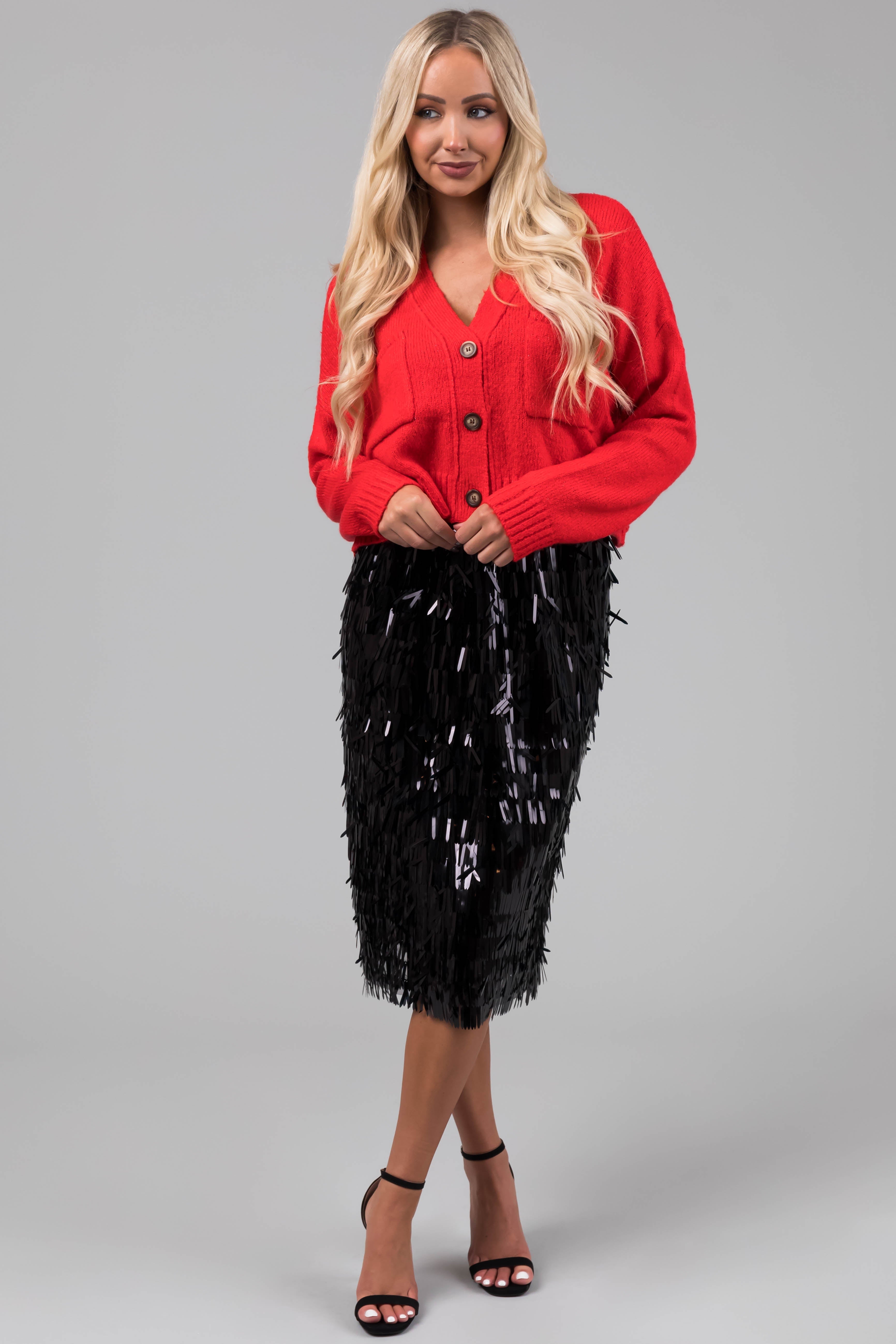 Women's Black Fringe Sequin Elastic Midi Skirt