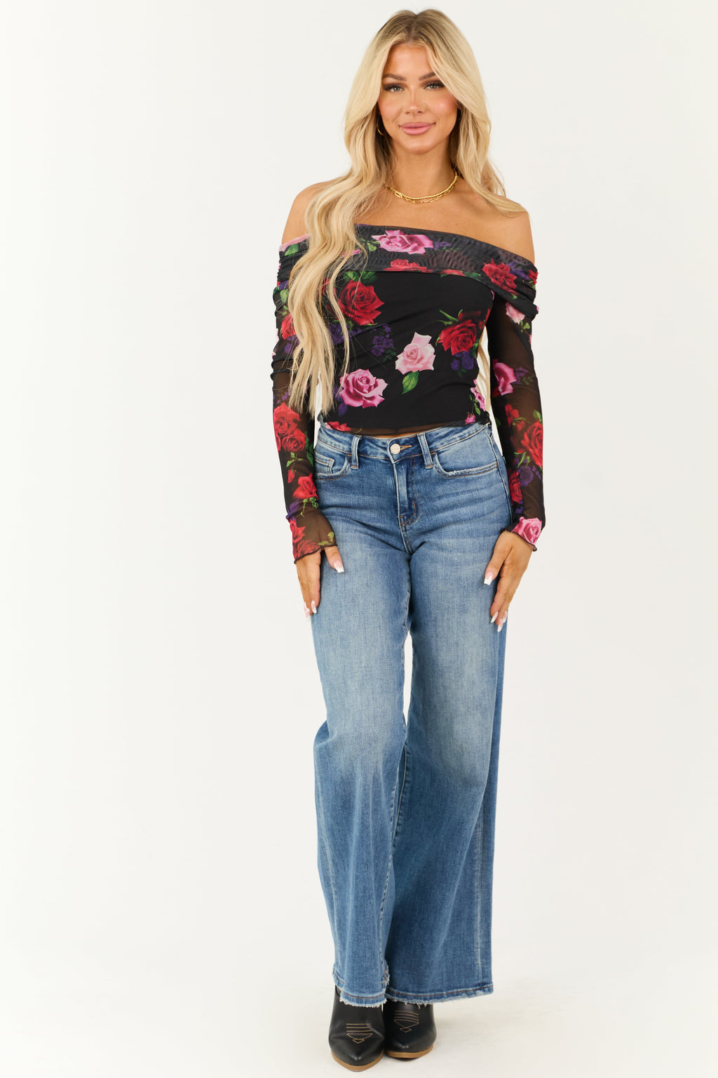 Women's Black Floral Print Ruched Mesh Off Shoulder Top