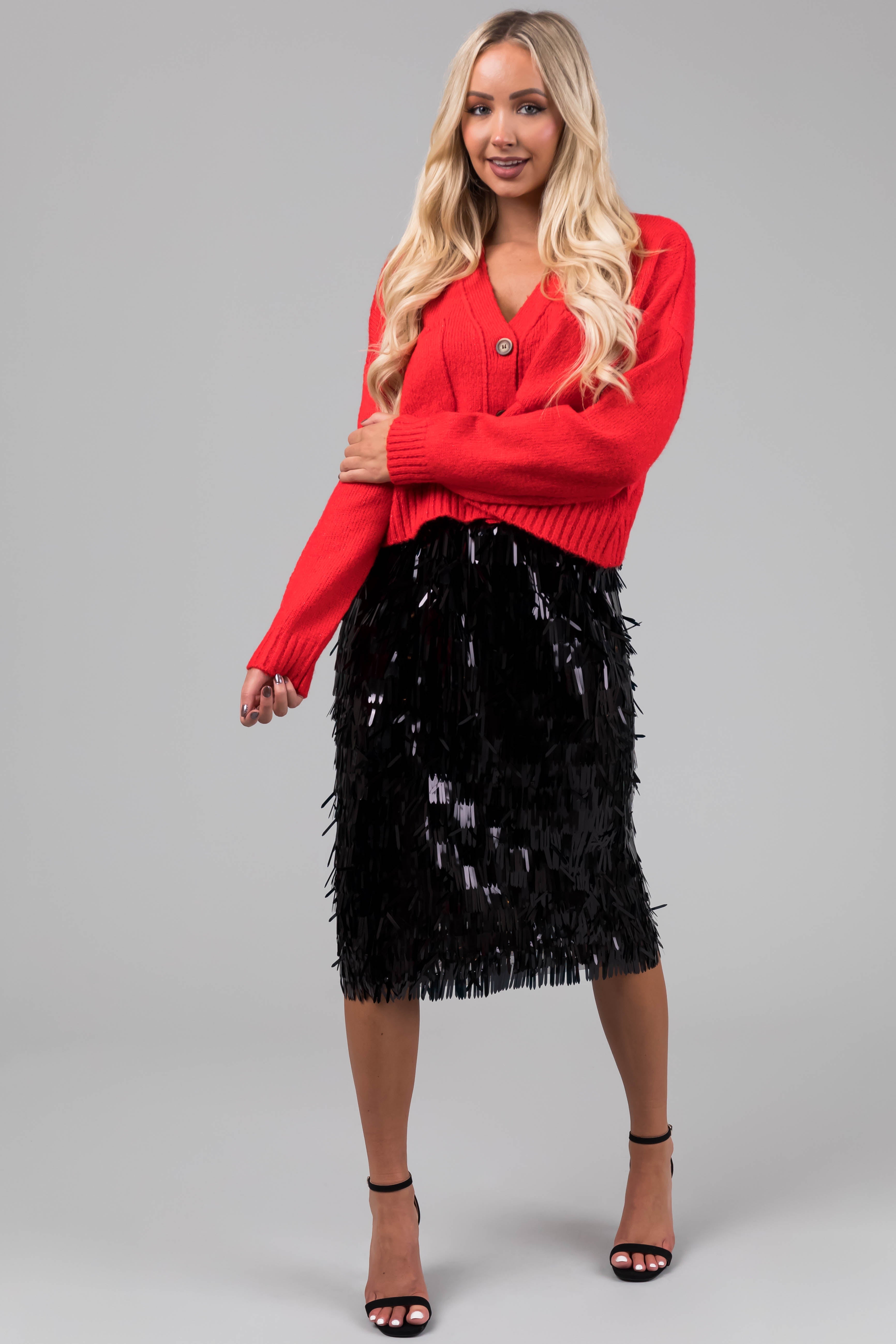 Women's Black Fringe Sequin Elastic Midi Skirt